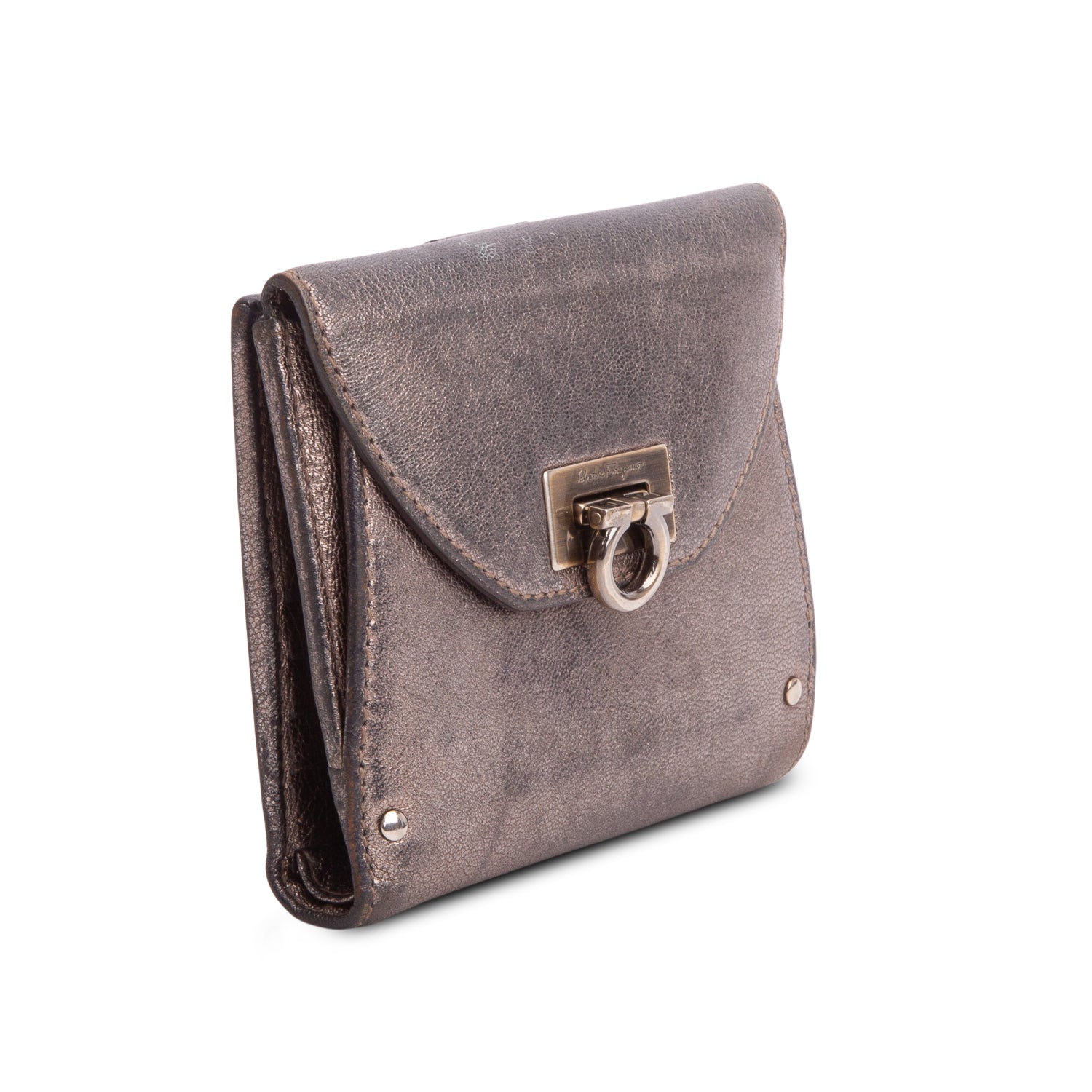 Ferragamo Silver Calfskin Gancini French Wallet