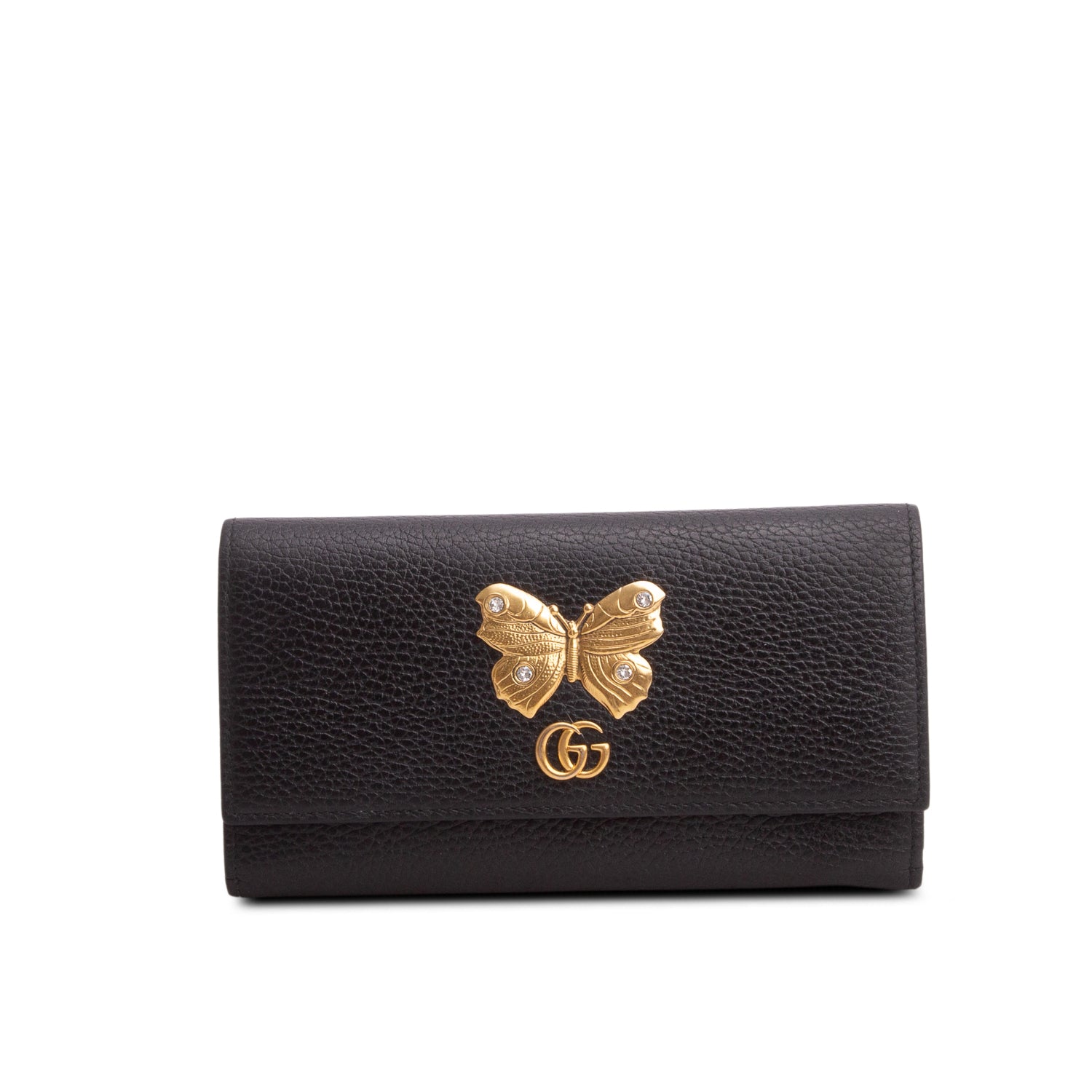 Gucci Black Pebbled Calfskin Butterfly Farfalla Continental Wallet w/ Box