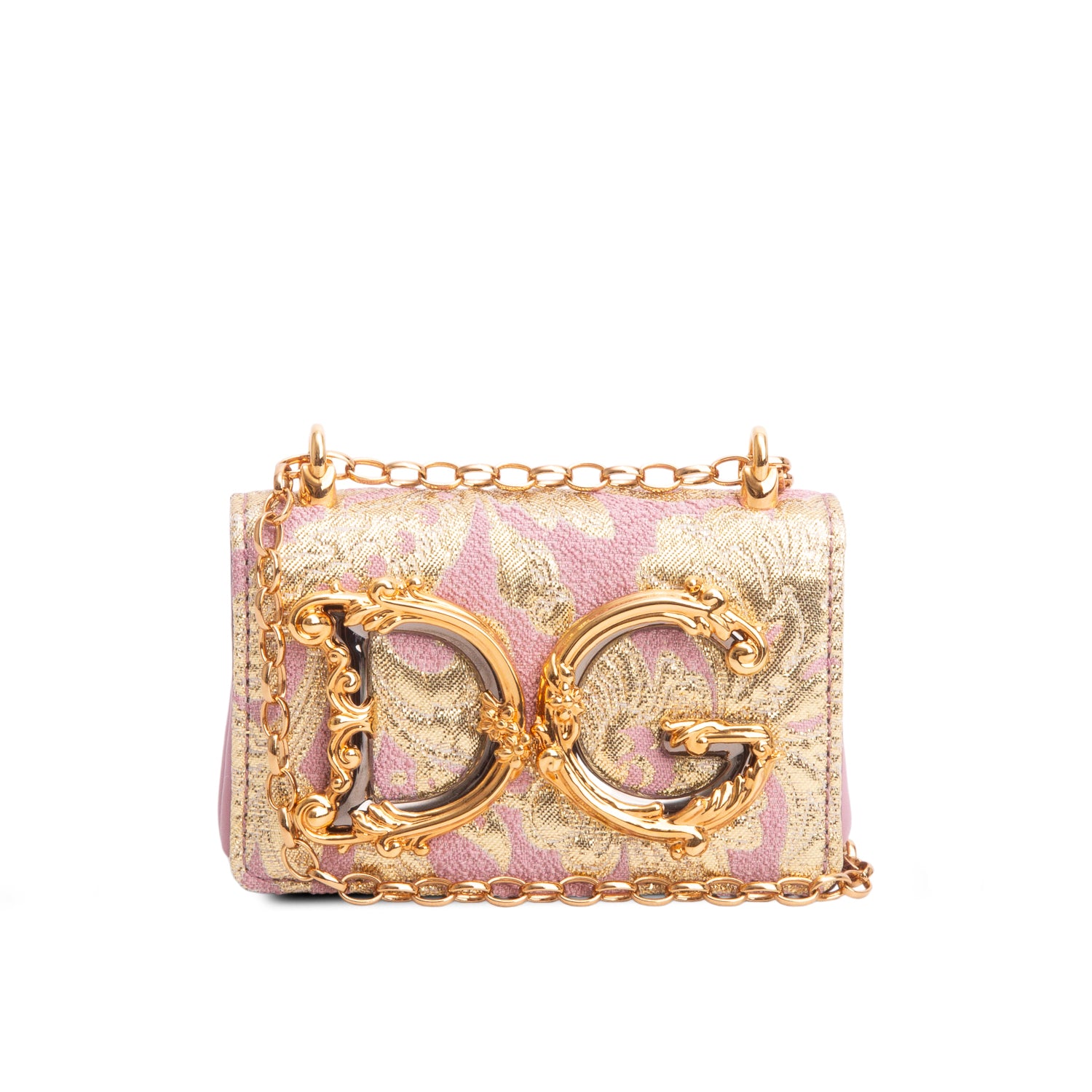 Dolce & Gabbana Pink Gold Brocade Micro DG Girls Bag w/ Authenticity Card