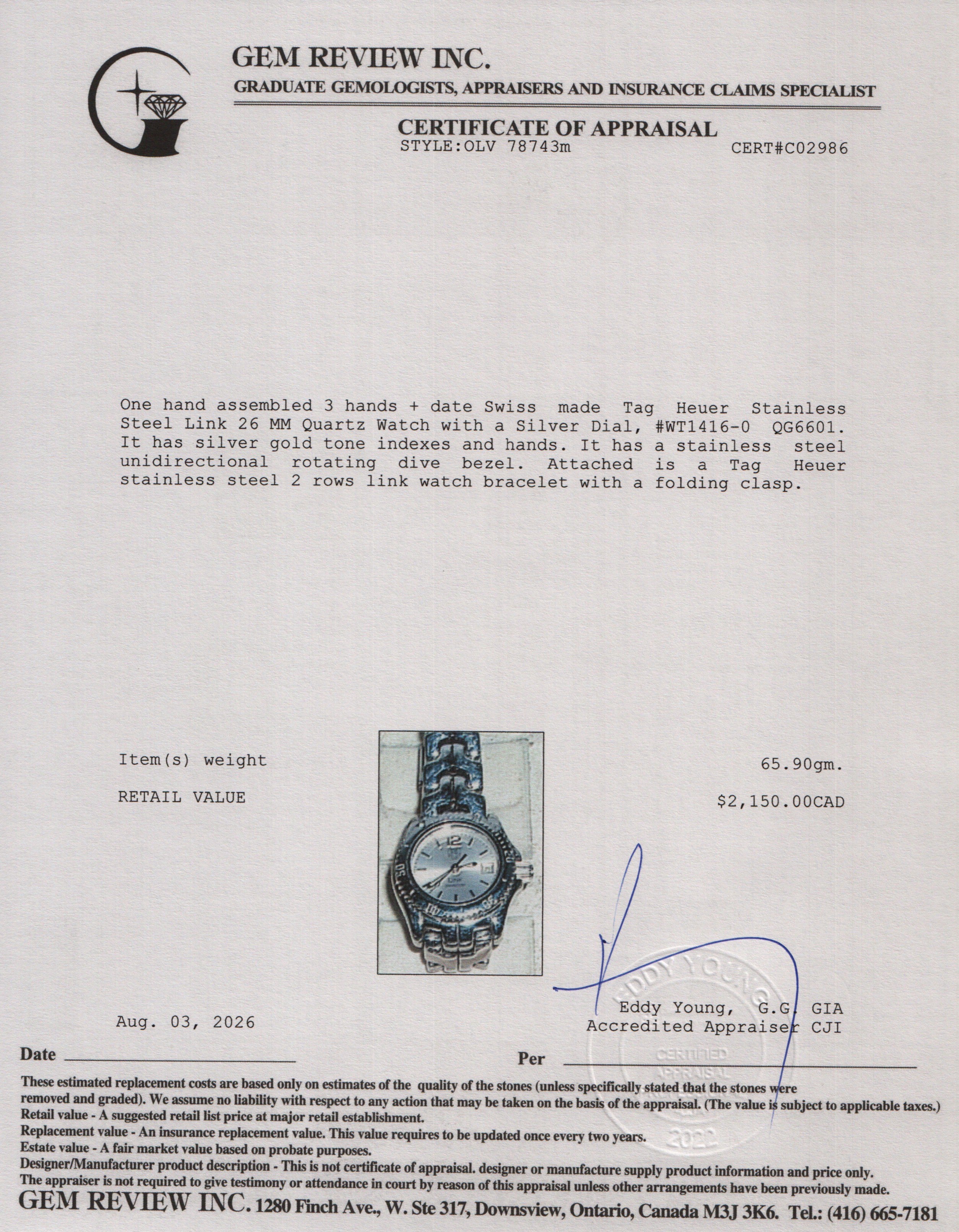 Tag Heuer Stainless Steel Link 26 MM Quartz Watch Silver Dial WT1416-0