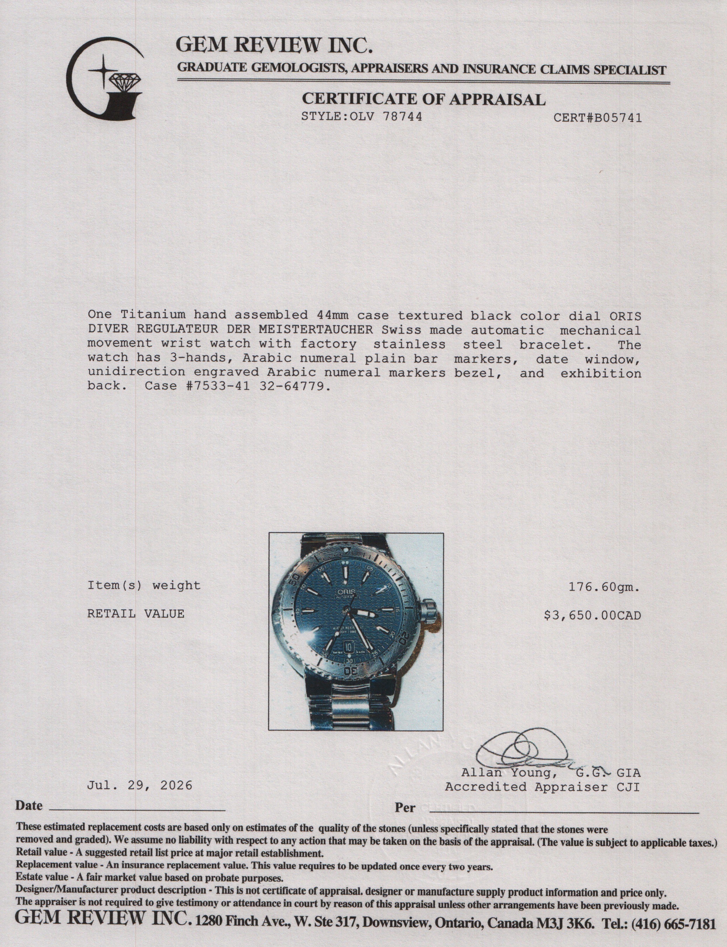Oris Stainless Steel Divers Date 44 MM Automatic Watch Black Dial 7533