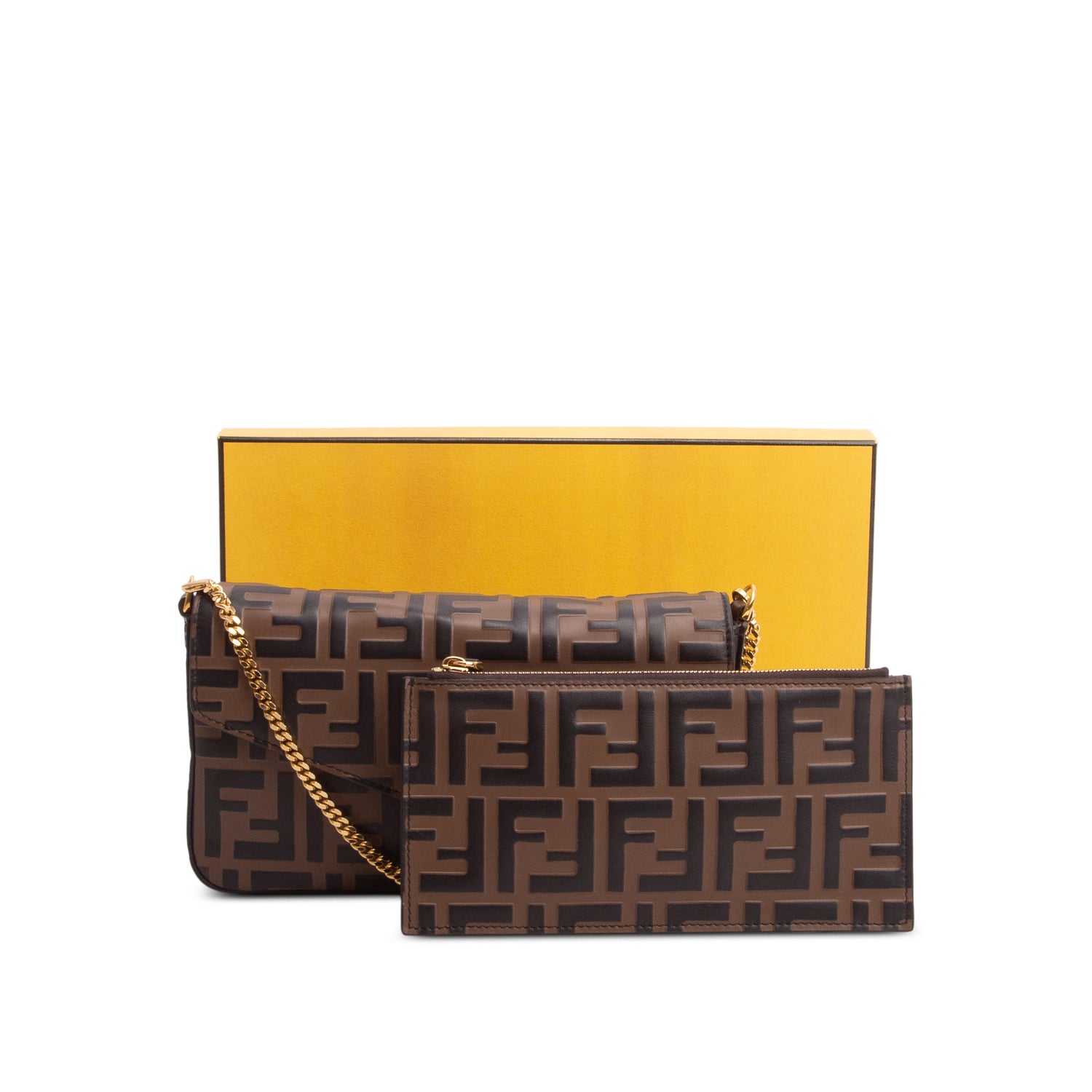 Fendi Brown Vitello Soft F is Fendi Embossed Continental Wallet on Chain w/ Box & Insert