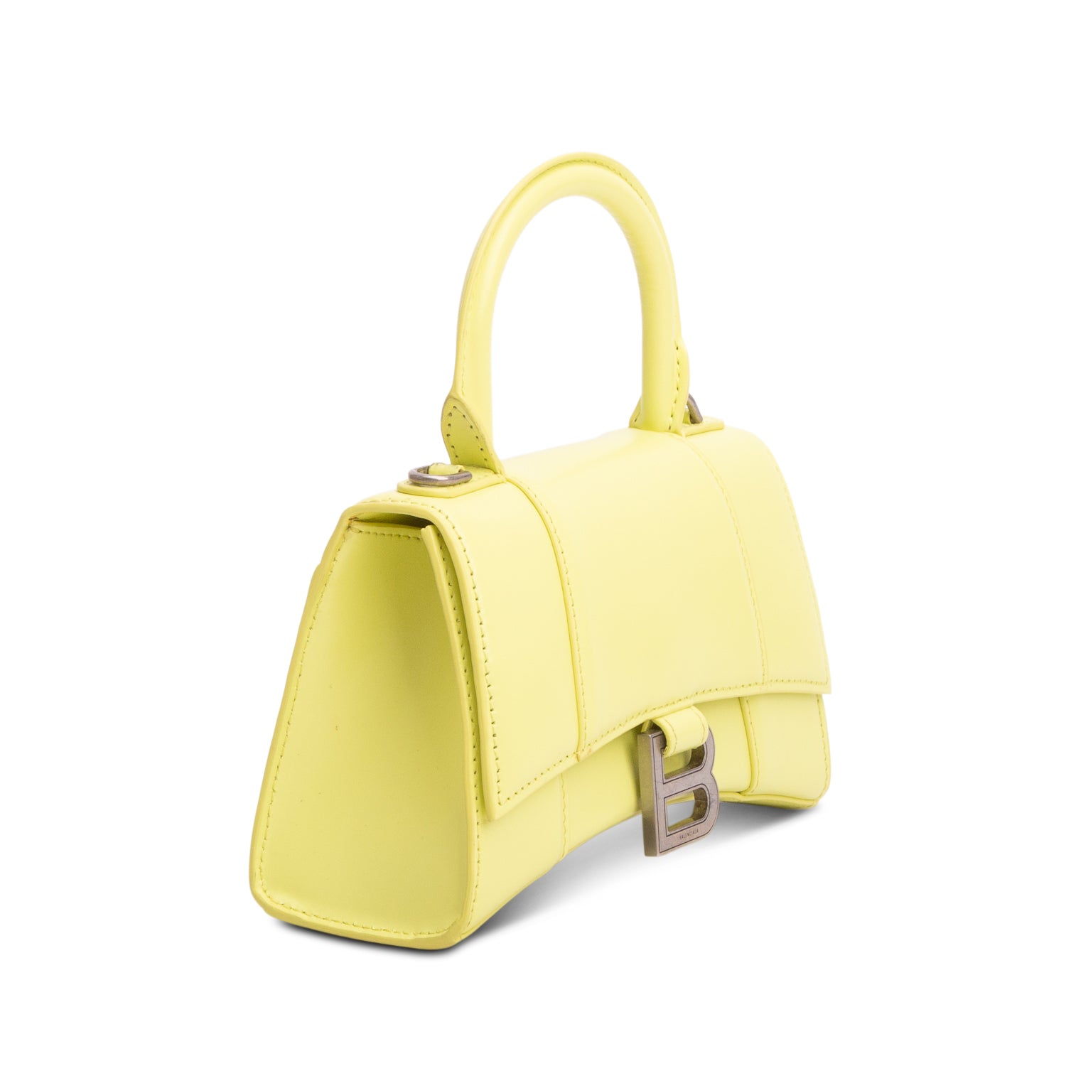 Balenciaga Yellow Shiny Box Calfskin Leather XS Hourglass Top Handle Bag w/ Strap