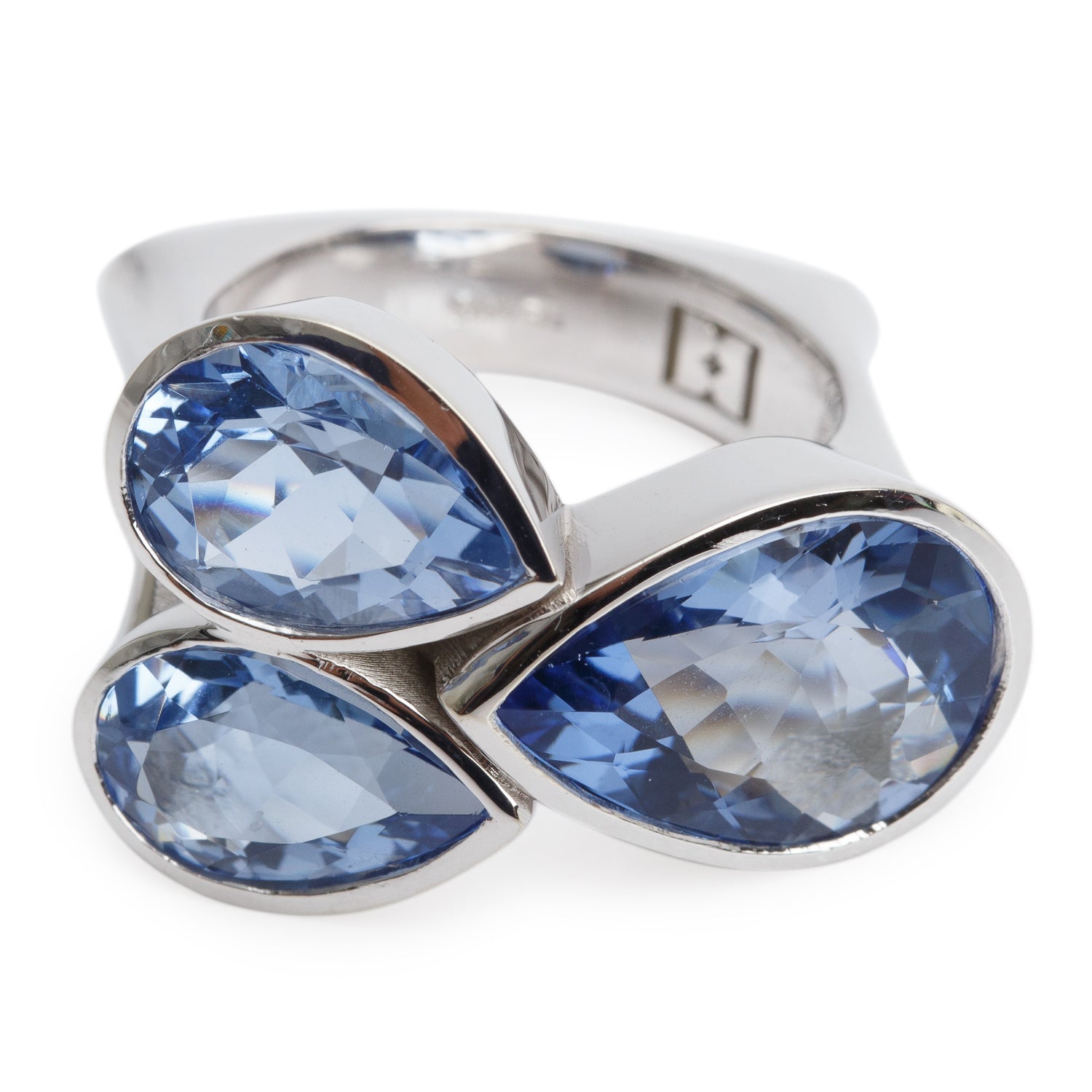 18k White Gold Aquamarine Trio Cocktail Ring, Size 6.5
