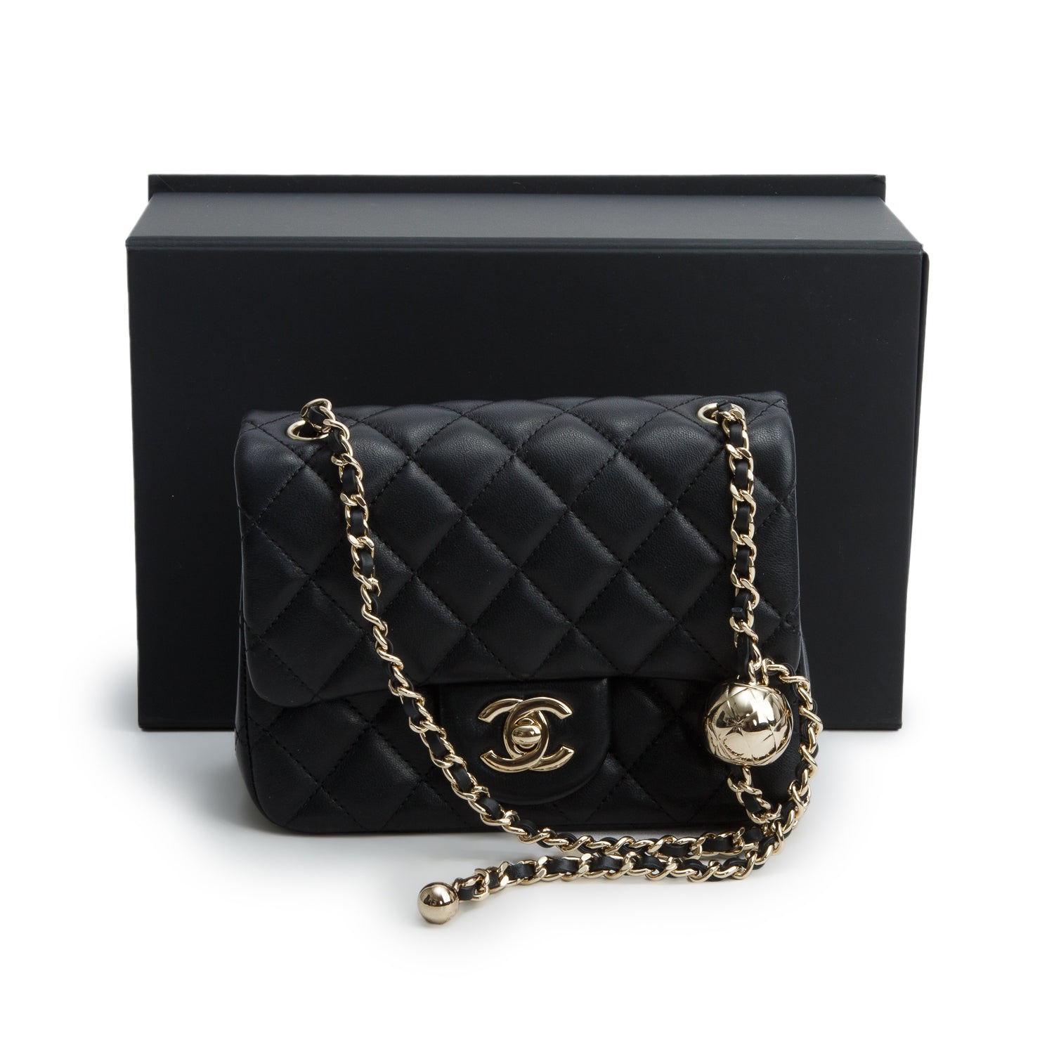 Chanel Black Quilted Lambskin Pearl Crush Square Mini Flap Bag w/ Box