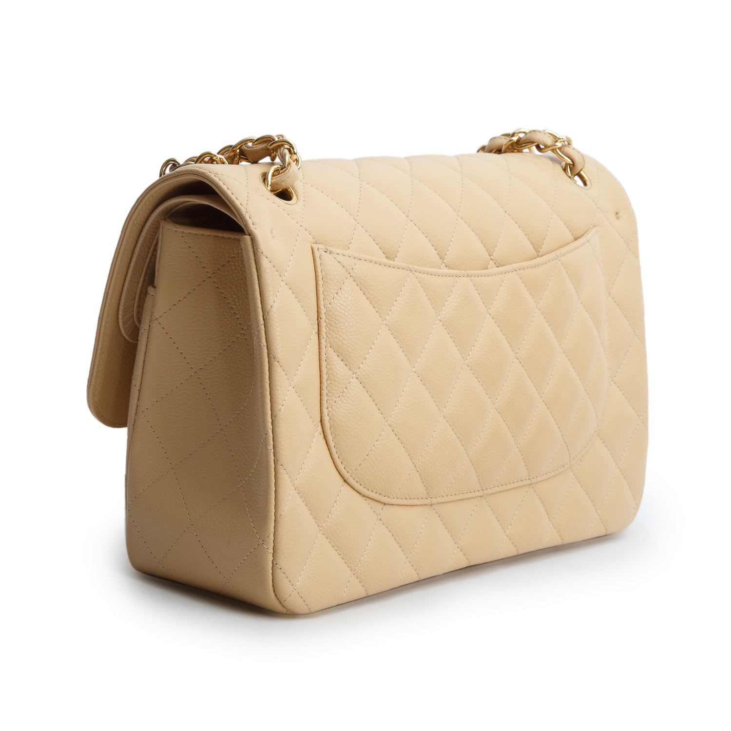 Chanel Beige Quilted Caviar Leather Classic Jumbo Double Flap Bag w/ Box