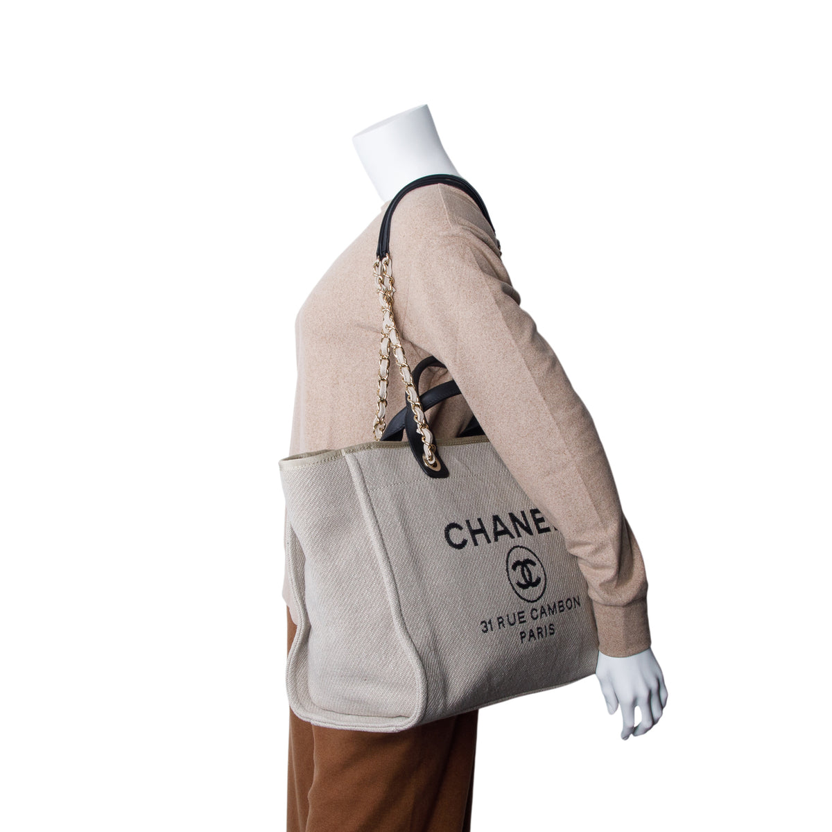 Chanel Beige Mixed Fibers Calfskin Medium Deauville Shopping Tote w/ Pouch