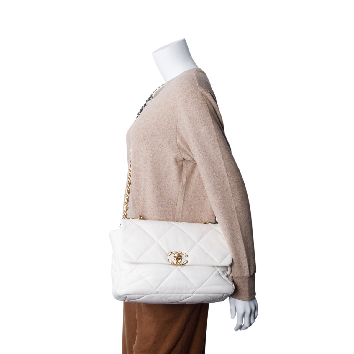 Chanel 2020 White Lambskin Leather Medium 19 Flap Bag w/ Authenticity Card
