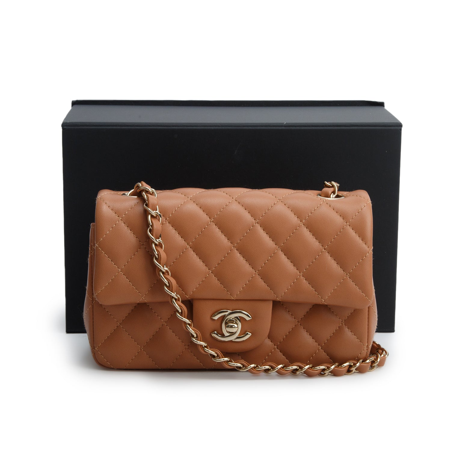 Chanel Brown Lambskin Quilted Leather Mini Rectangular Flap Bag w/ Box