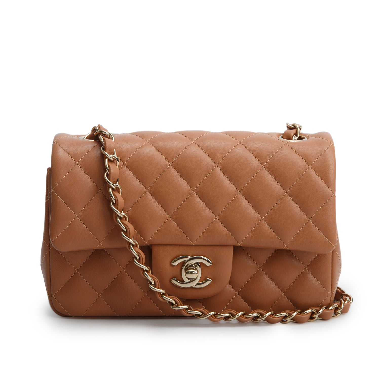 Chanel Brown Lambskin Quilted Leather Mini Rectangular Flap Bag w/ Box