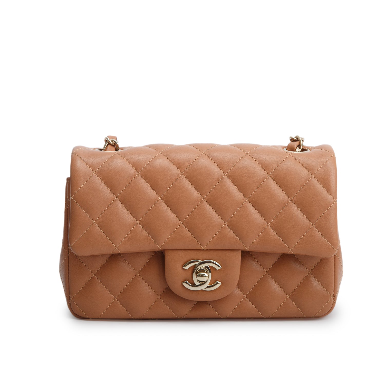 Chanel Brown Lambskin Quilted Leather Mini Rectangular Flap Bag w/ Box