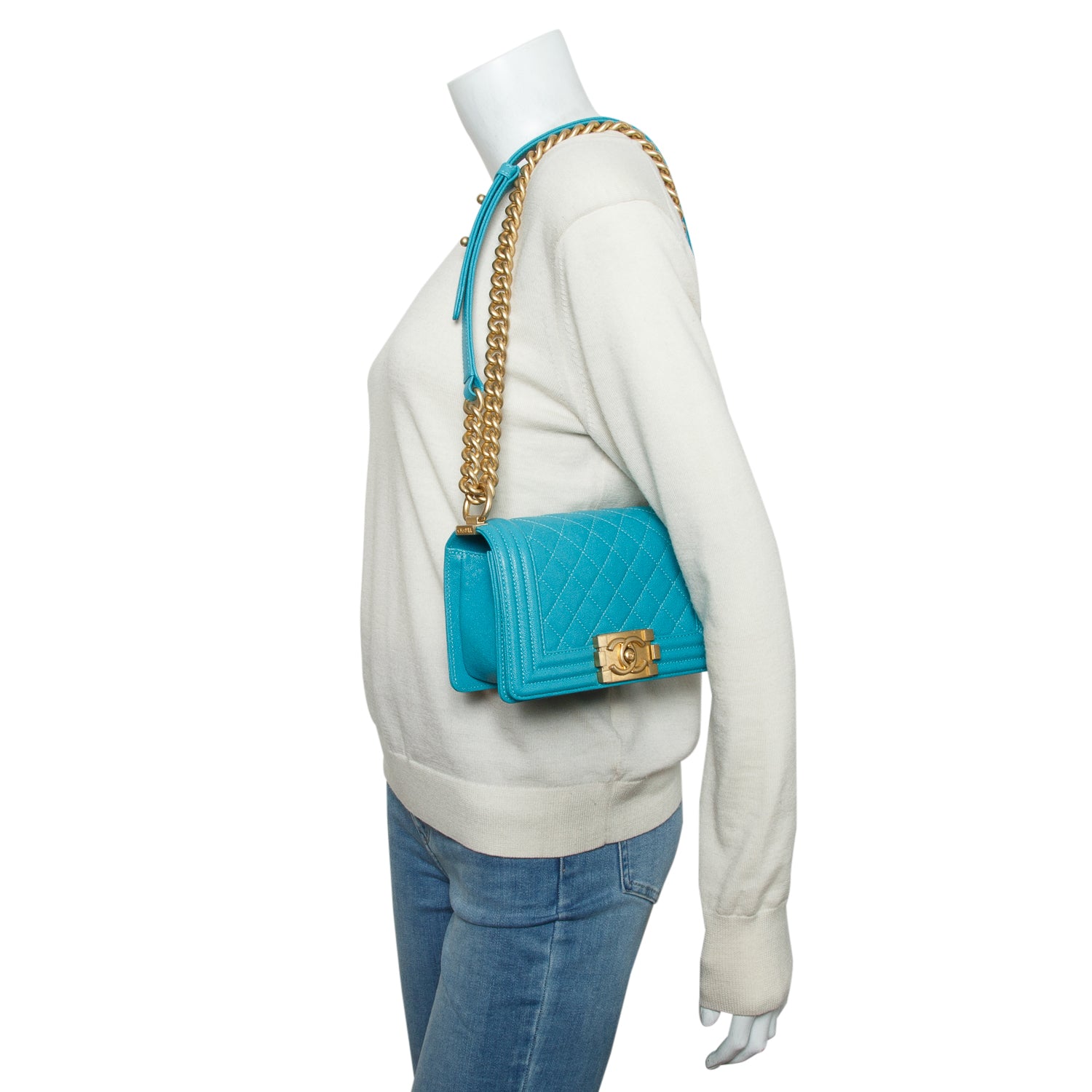 Chanel Teal Caviar Leather Small Boy Bag w/ Authenticity Card