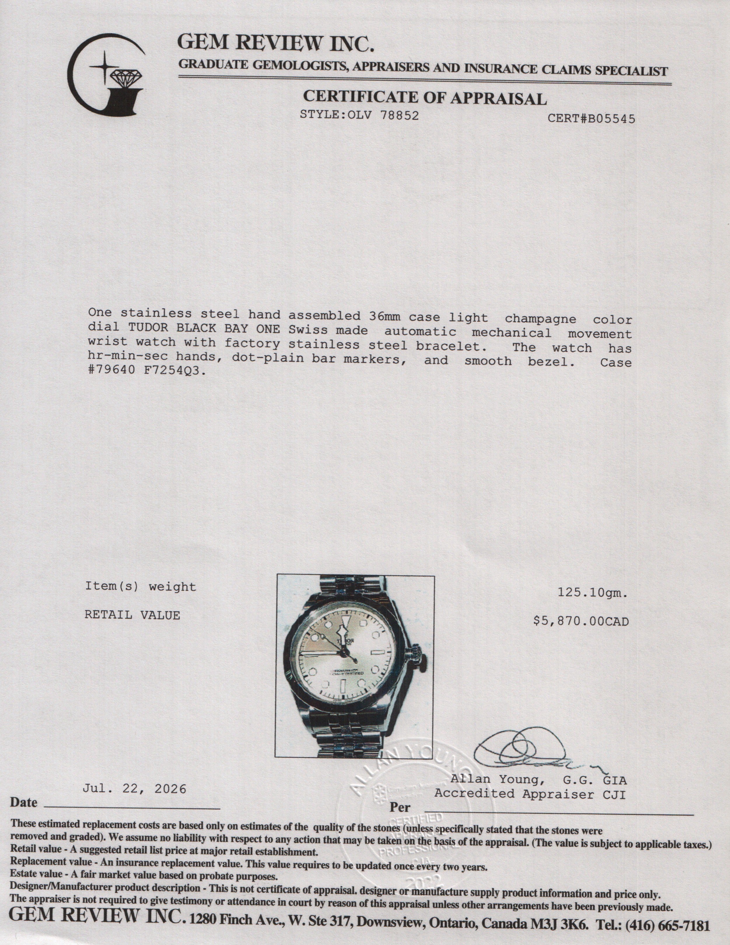 Tudor 2026 Stainless Steel Black Bay One 36 MM Automatic Watch Light Champagne Dial 79640 w/ Box & Papers