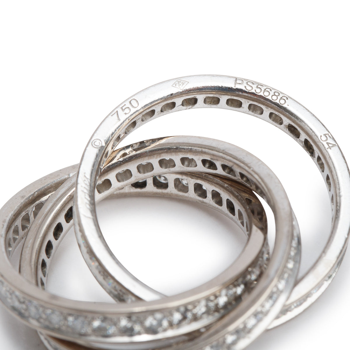 Cartier Vintage 18k White Gold Diamond Trinity Rolling Ring, Size 54 6.5
