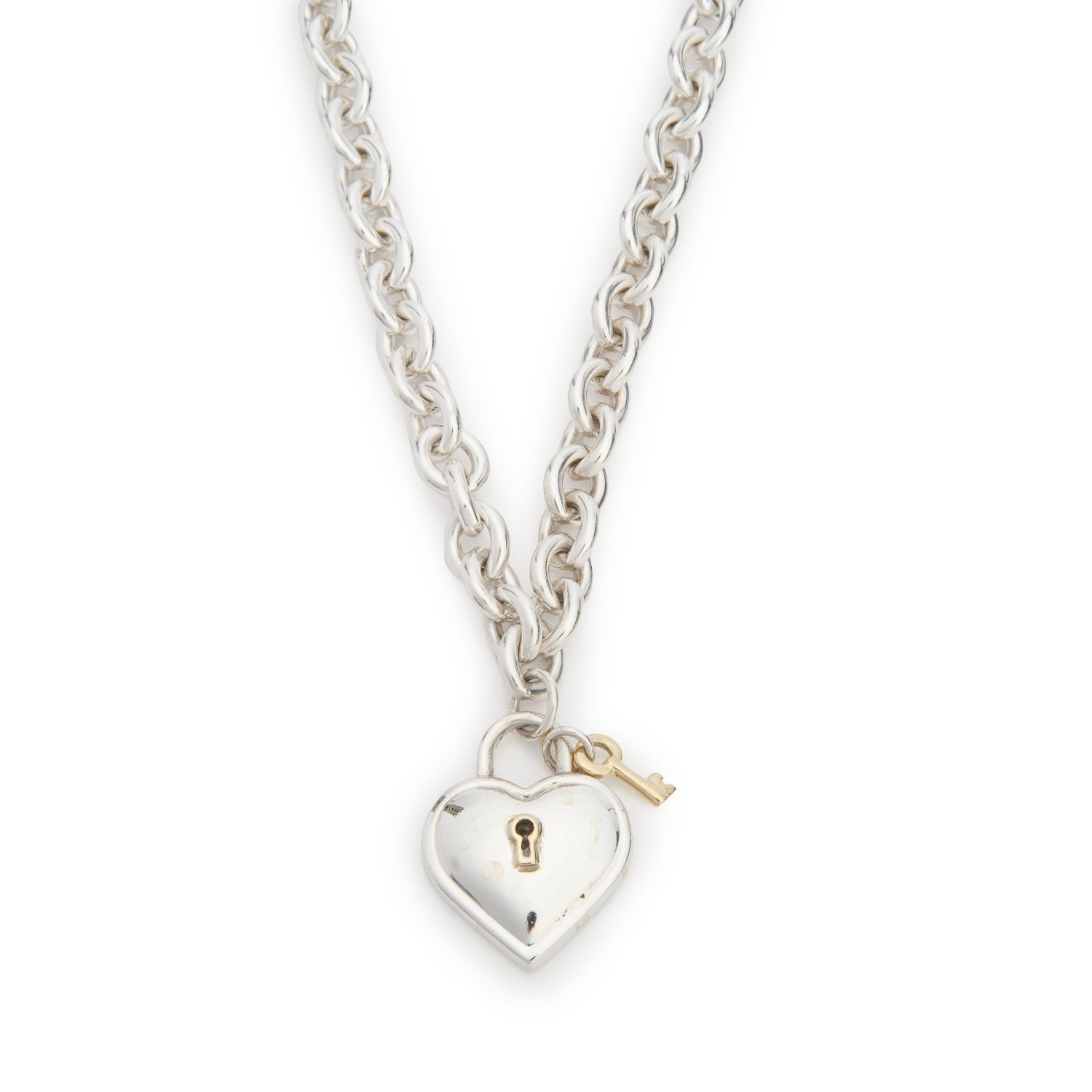Tiffany & Co. Vintage Sterling Silver & 18k Yellow Gold Heart Lock & Key Pendant Necklace w/ Box