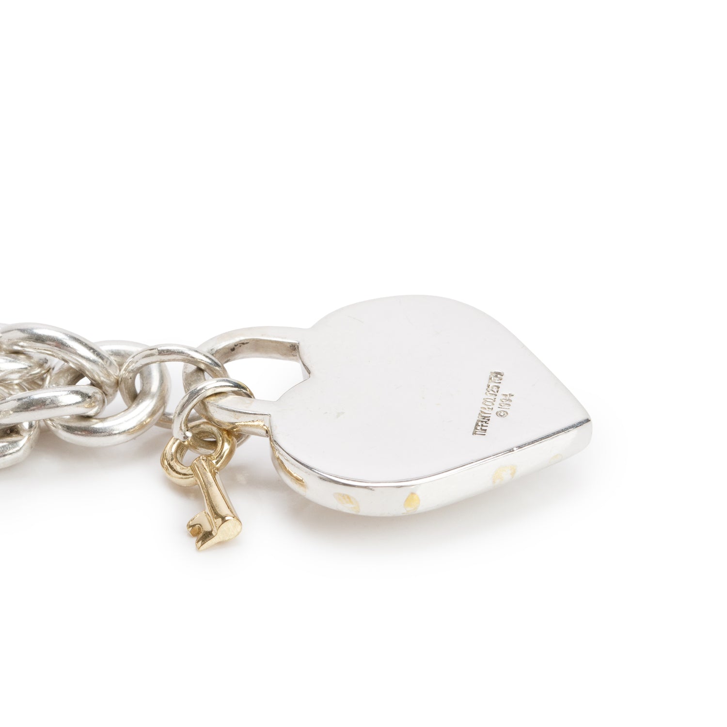 Tiffany & Co. Vintage Sterling Silver & 18k Yellow Gold Heart Lock & Key Pendant Necklace w/ Box