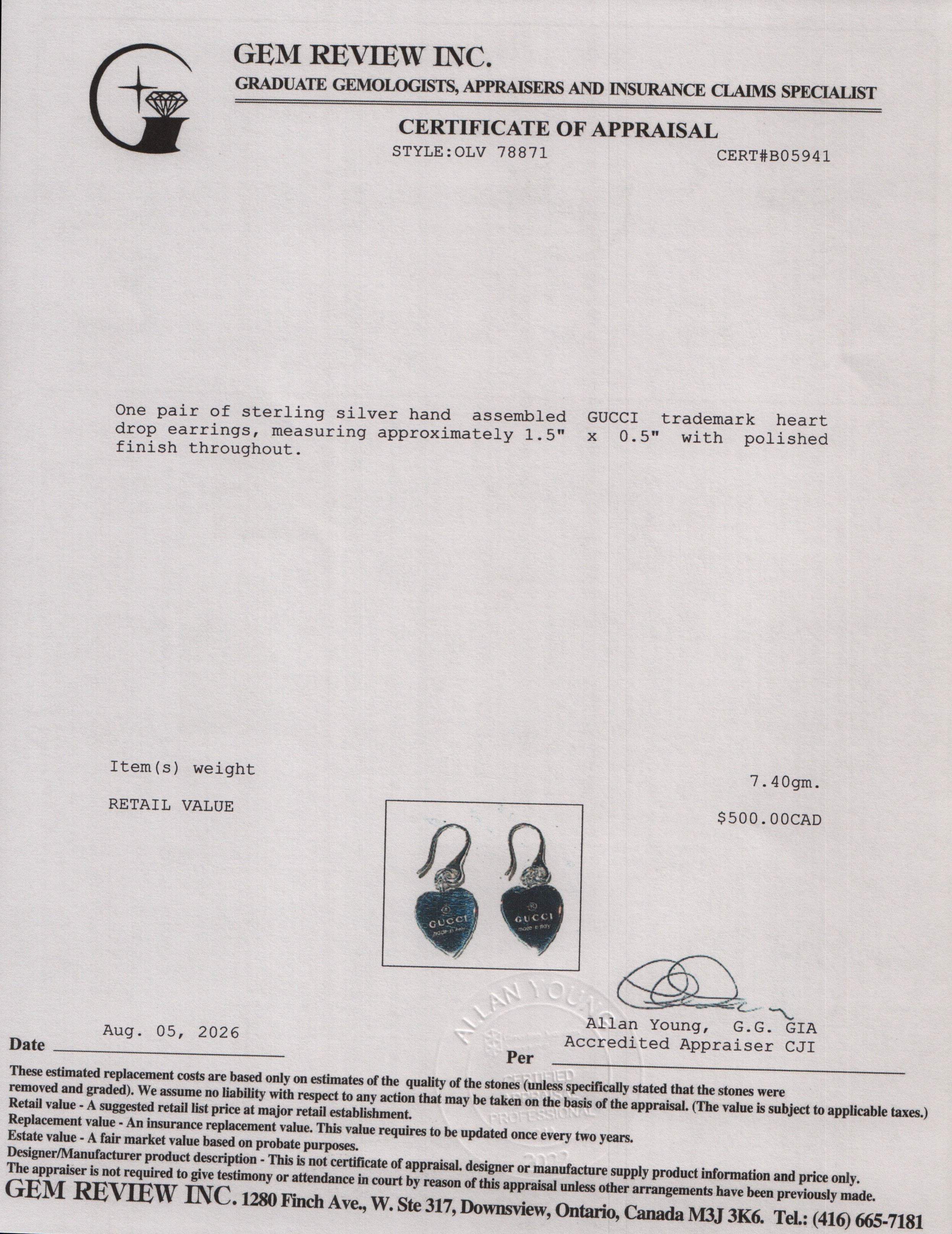 Gucci Sterling Silver Trademark Heart Drop Earrings