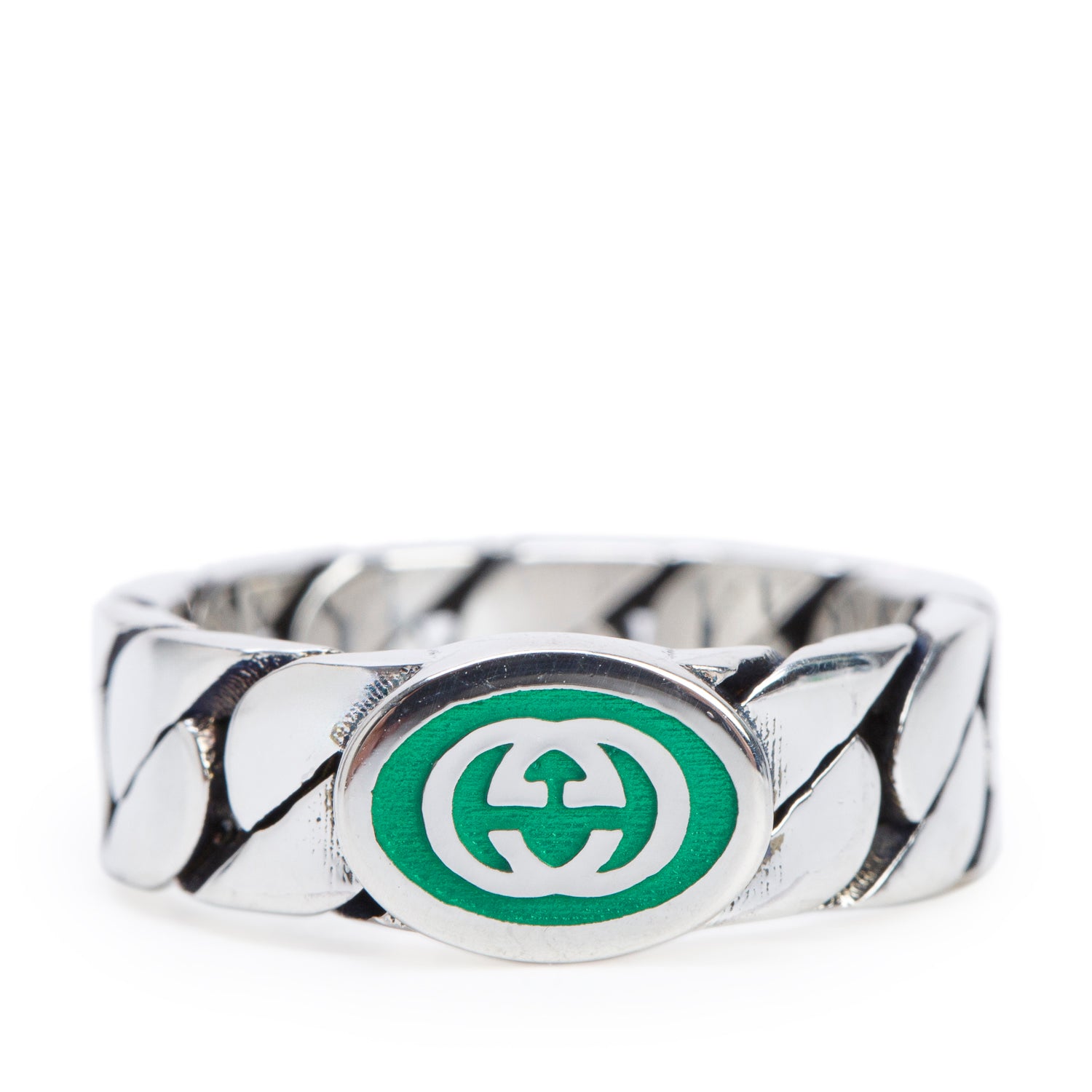 Gucci Sterling Silver Enamel G Link Ring, Size 14 6.5