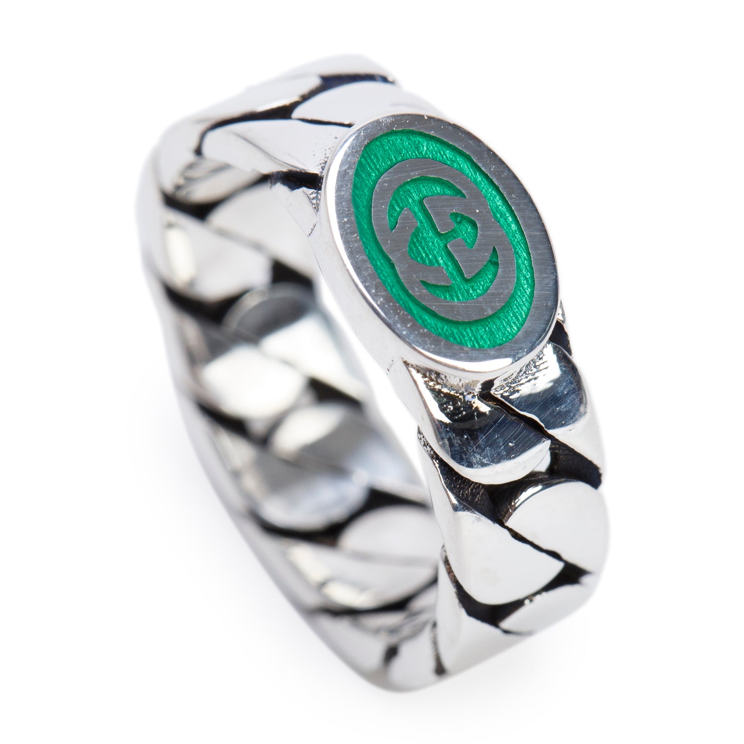 Gucci Sterling Silver Enamel G Link Ring, Size 14 6.5