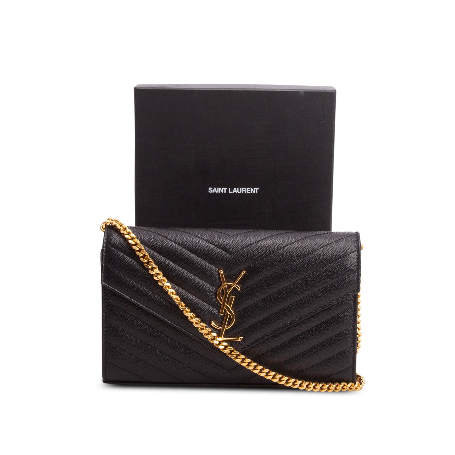 Saint Laurent 2023 Black Grain De Poudre Chevron Cassandre Envelope Chain Wallet w/ Box