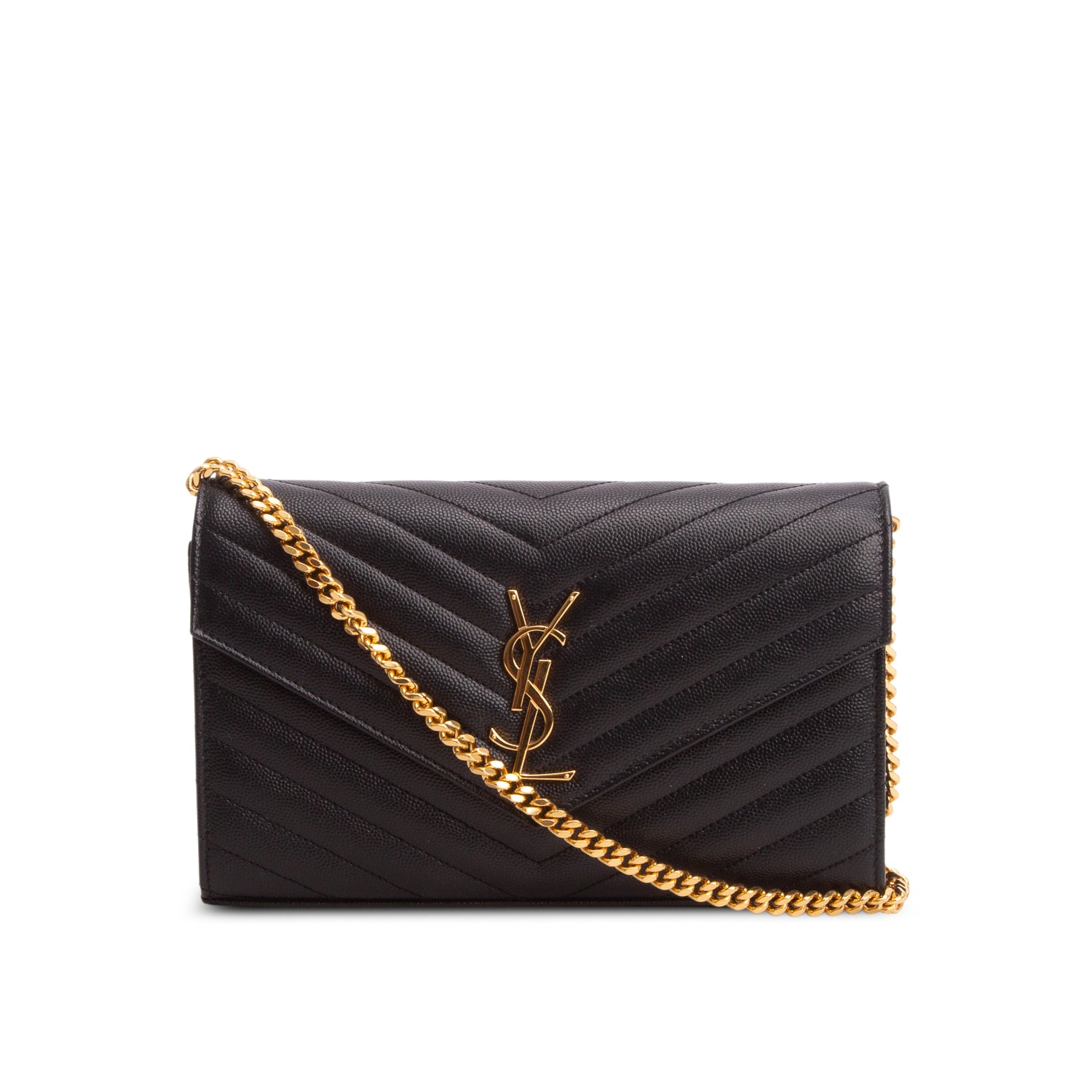 Saint Laurent 2023 Black Grain De Poudre Chevron Cassandre Envelope Chain Wallet w/ Box