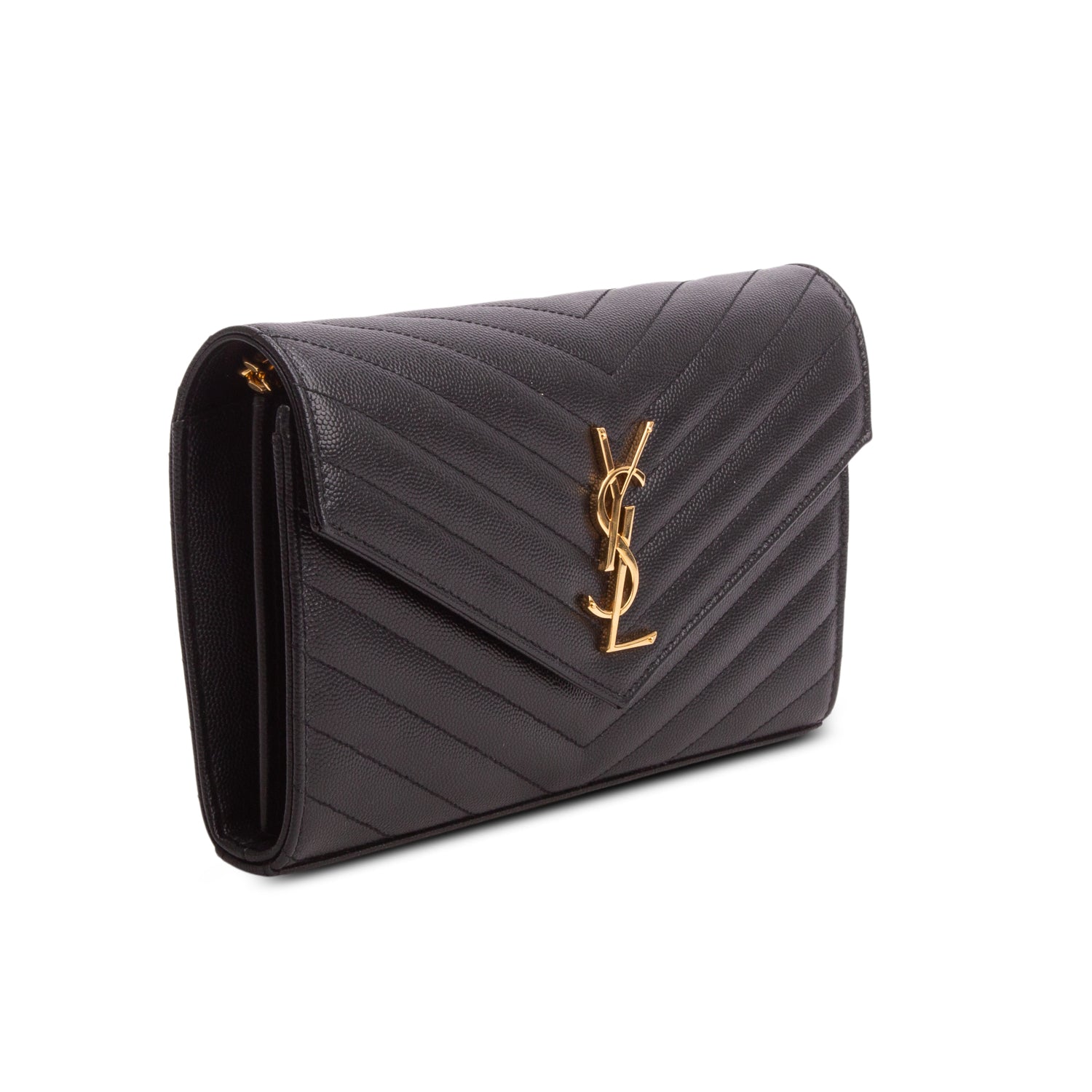 Saint Laurent 2023 Black Grain De Poudre Chevron Cassandre Envelope Chain Wallet w/ Box