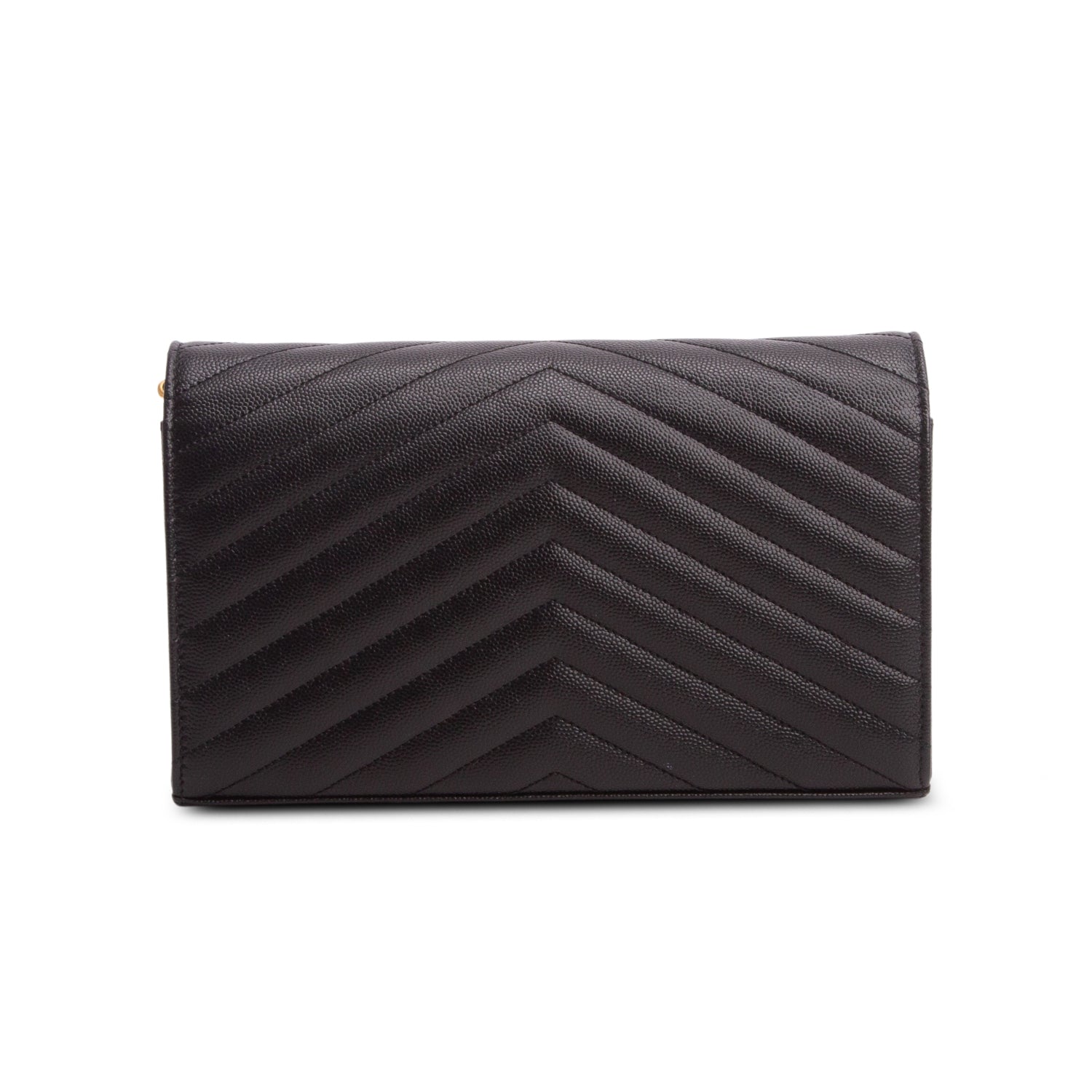 Saint Laurent 2023 Black Grain De Poudre Chevron Cassandre Envelope Chain Wallet w/ Box