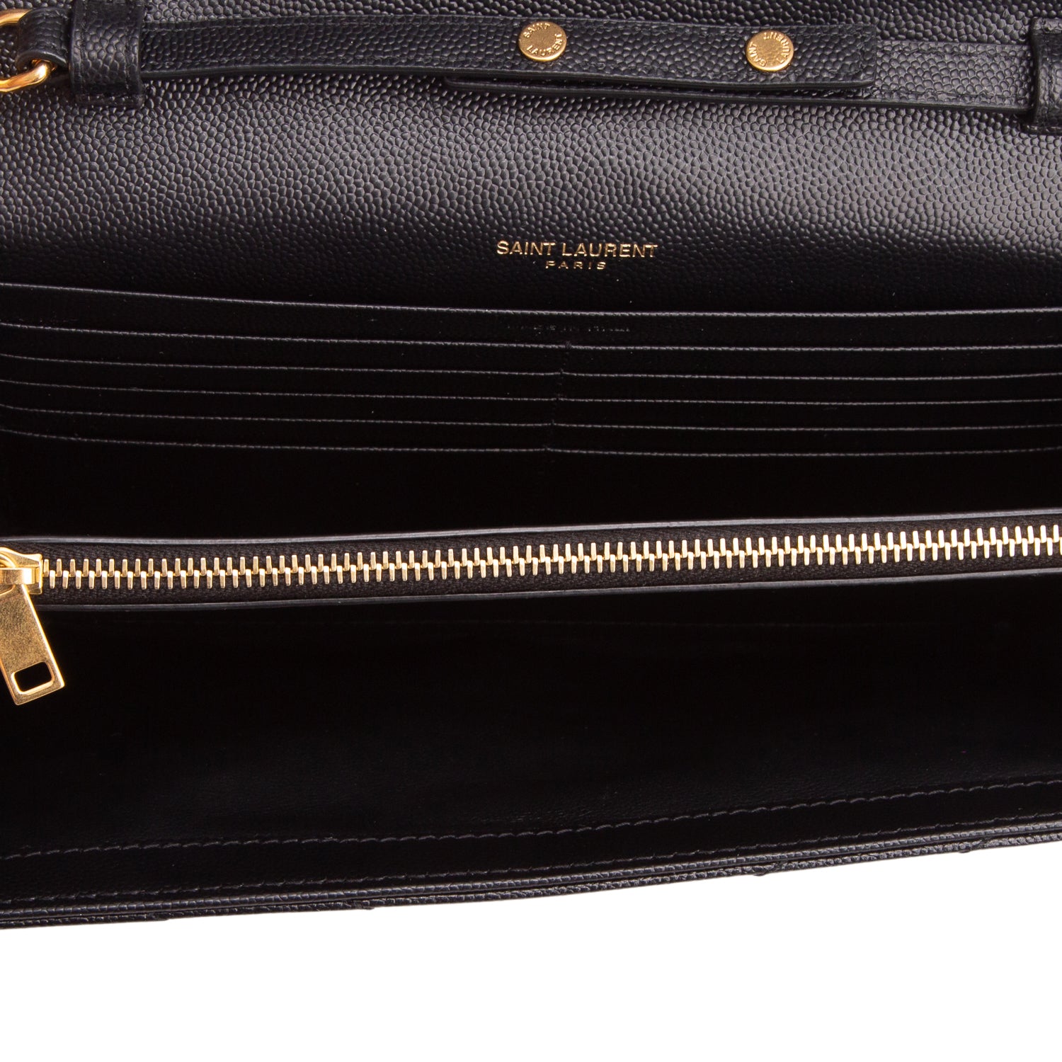 Saint Laurent 2023 Black Grain De Poudre Chevron Cassandre Envelope Chain Wallet w/ Box