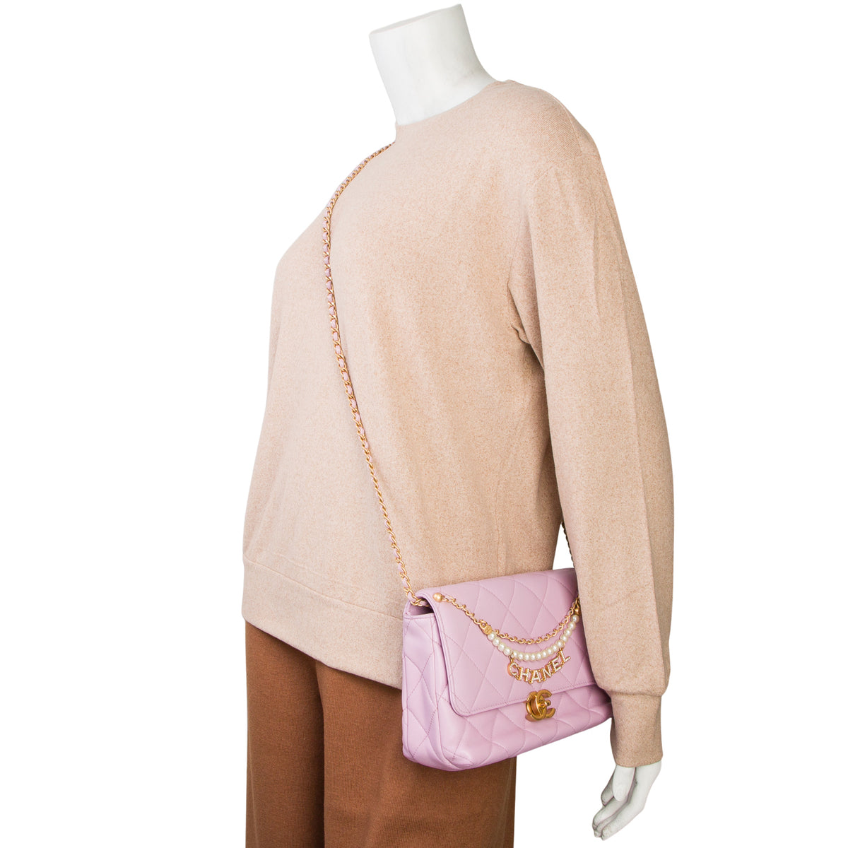 Chanel Pink Lambskin Quilted Crystal Logo Pearl Chain Flap w/ Box