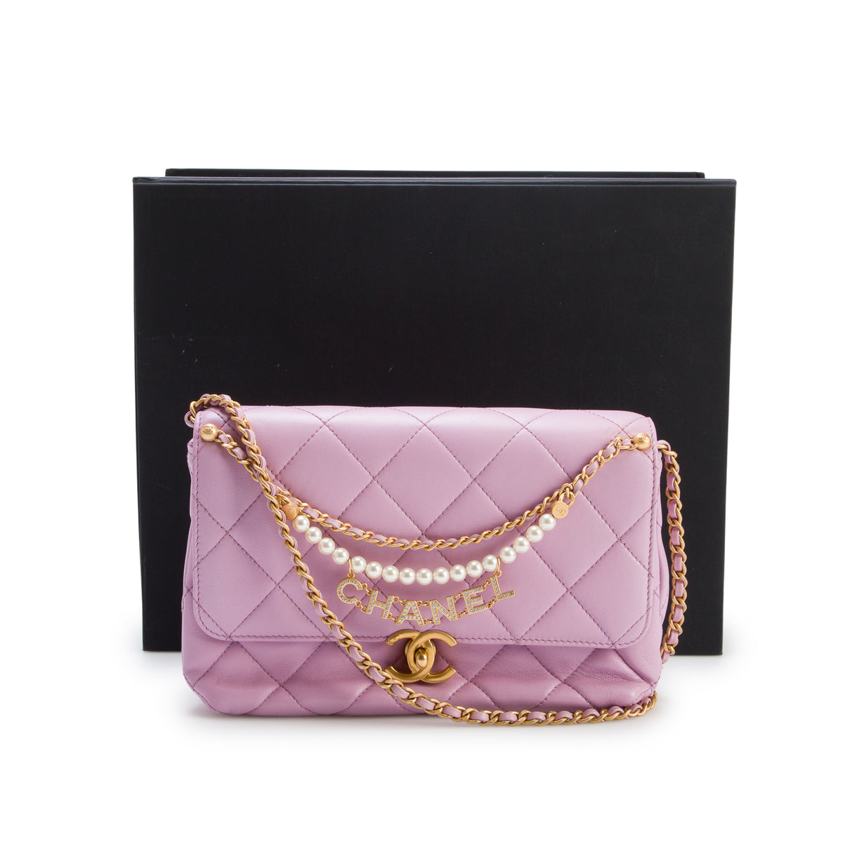 Chanel Pink Lambskin Quilted Crystal Logo Pearl Chain Flap w/ Box