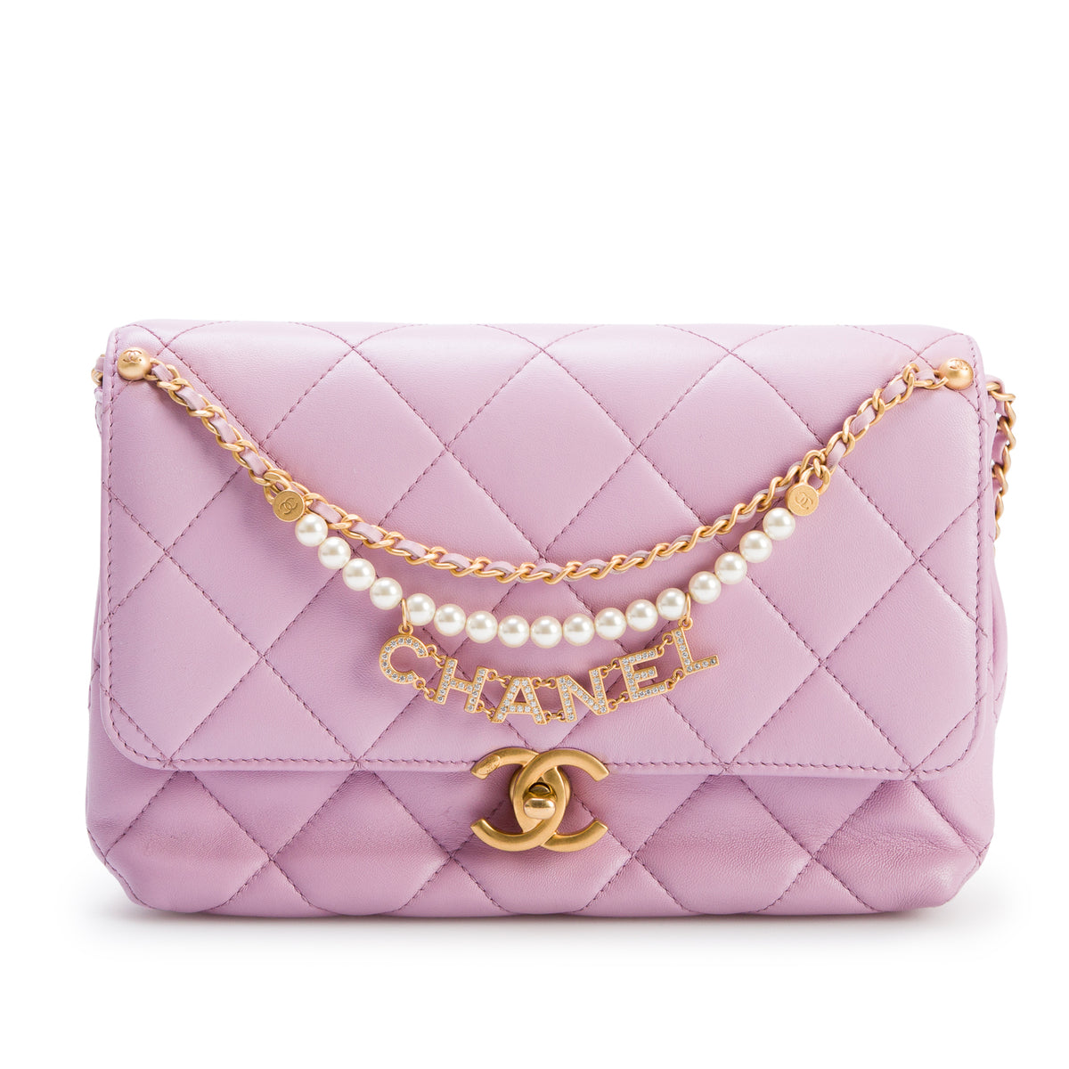 Chanel Pink Lambskin Quilted Crystal Logo Pearl Chain Flap w/ Box