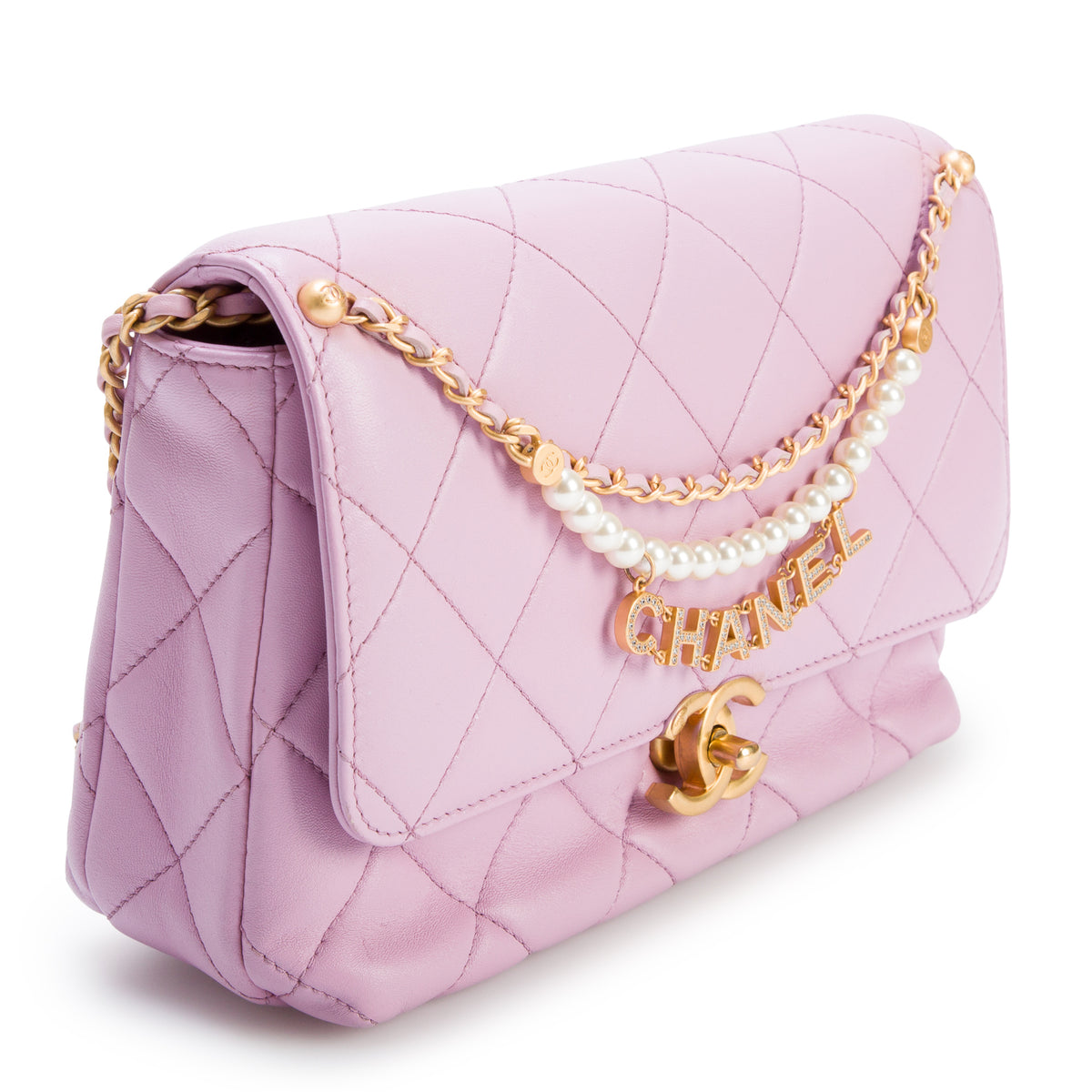 Chanel Pink Lambskin Quilted Crystal Logo Pearl Chain Flap w/ Box