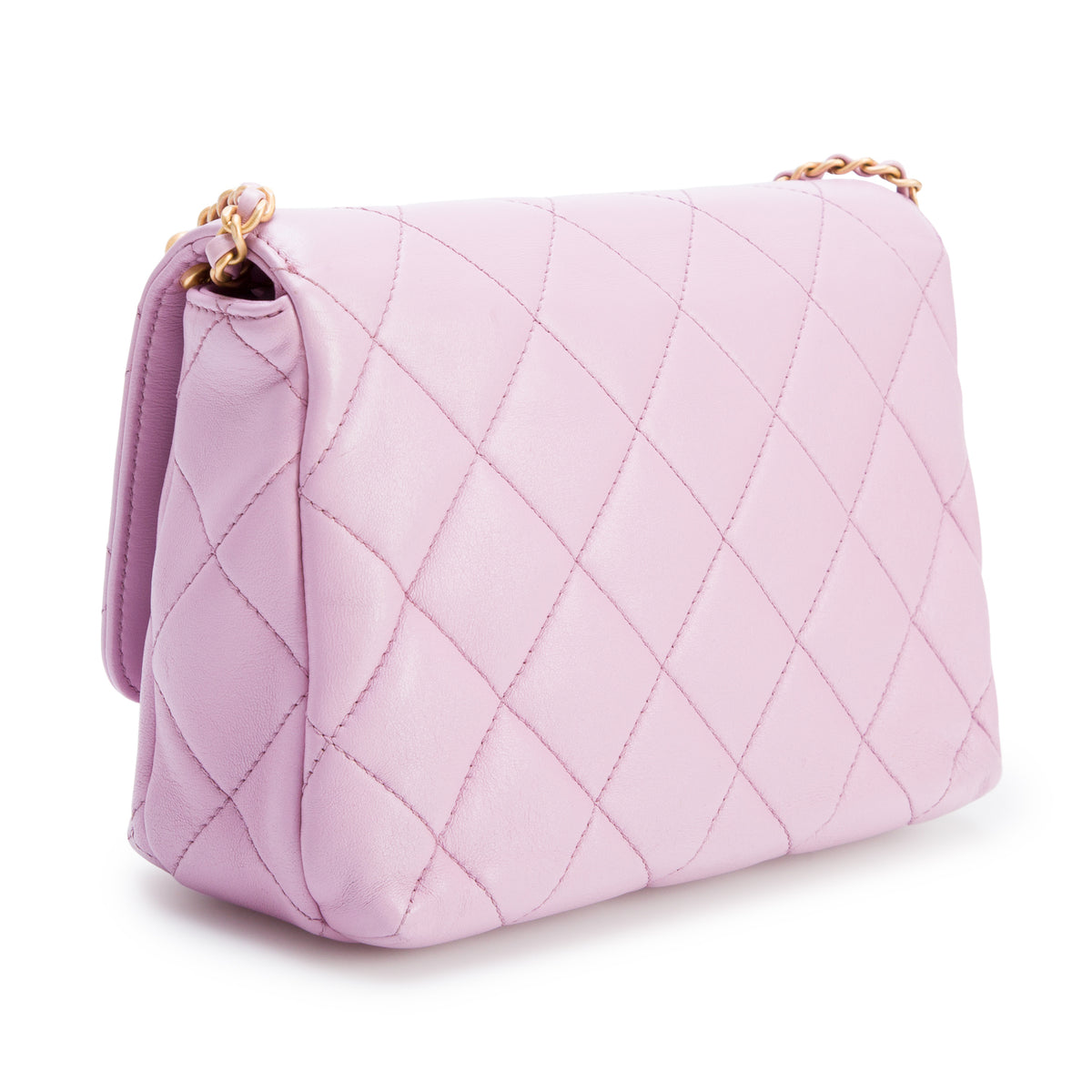 Chanel Pink Lambskin Quilted Crystal Logo Pearl Chain Flap w/ Box