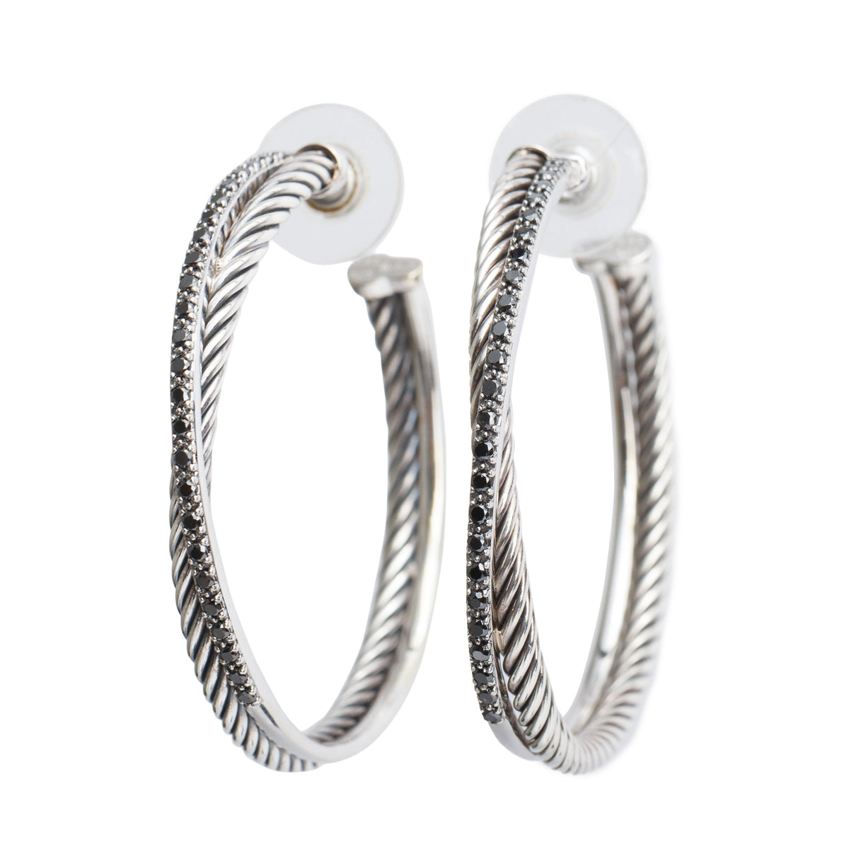 David Yurman Sterling Silver & 14k Yellow Gold Black Diamond Cable Crossover Hoop Earrings, 44 MM