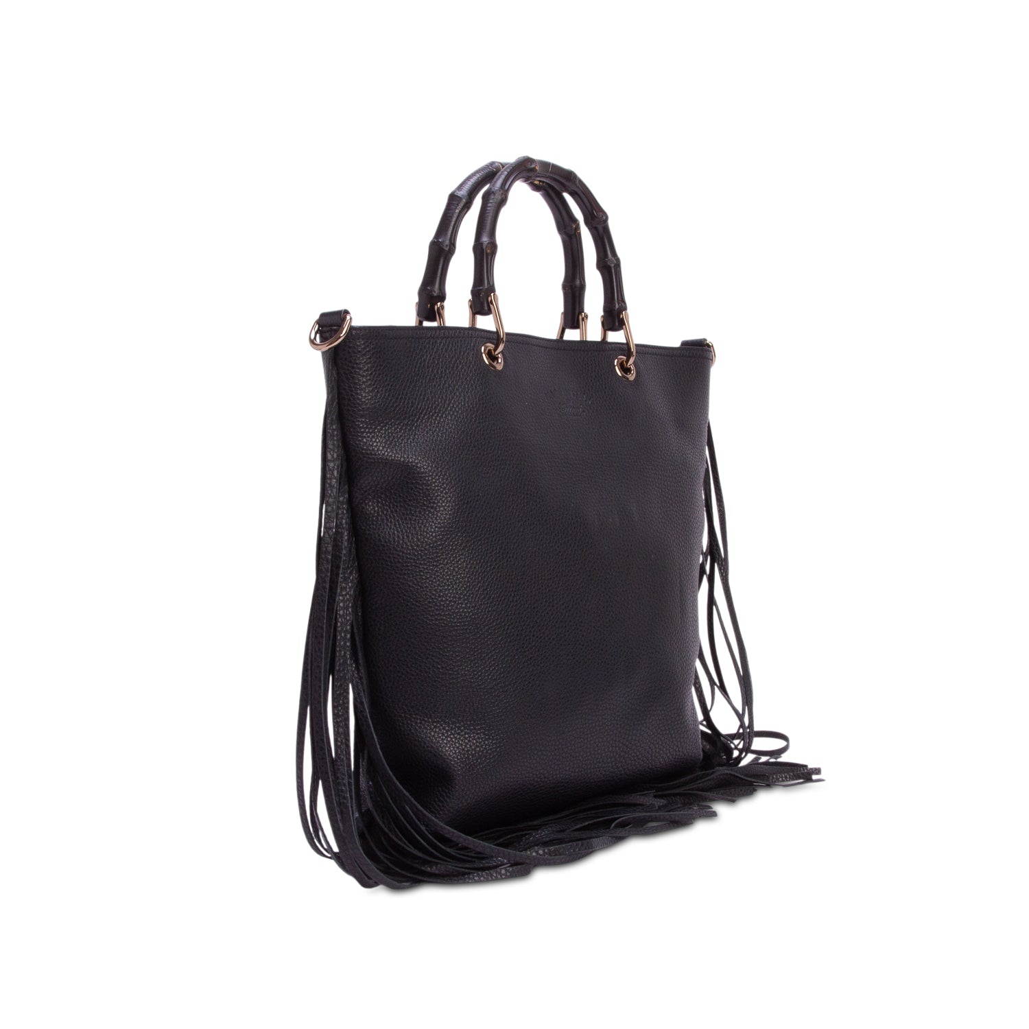 Gucci Black Pebbled Calfskin Bamboo Fringe Shopper Tote