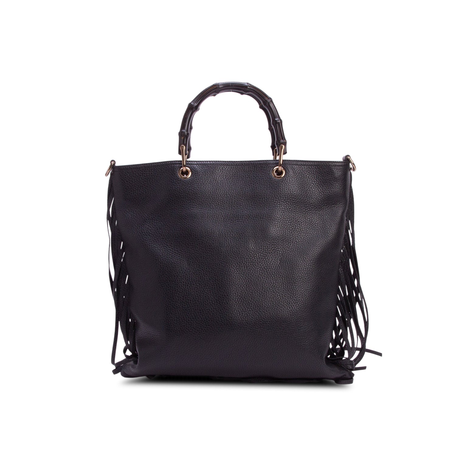 Gucci Black Pebbled Calfskin Bamboo Fringe Shopper Tote