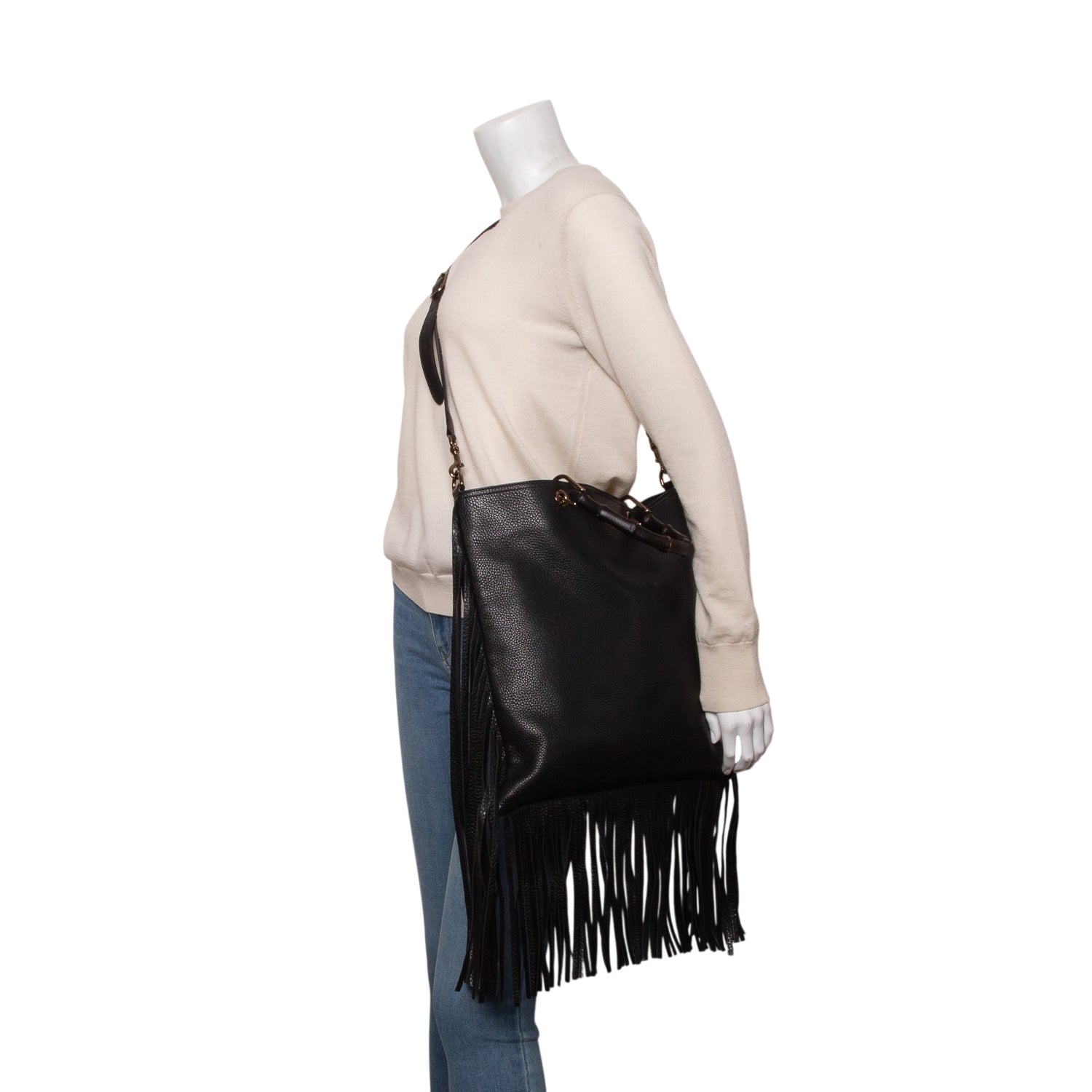 Gucci Black Pebbled Calfskin Bamboo Fringe Shopper Tote