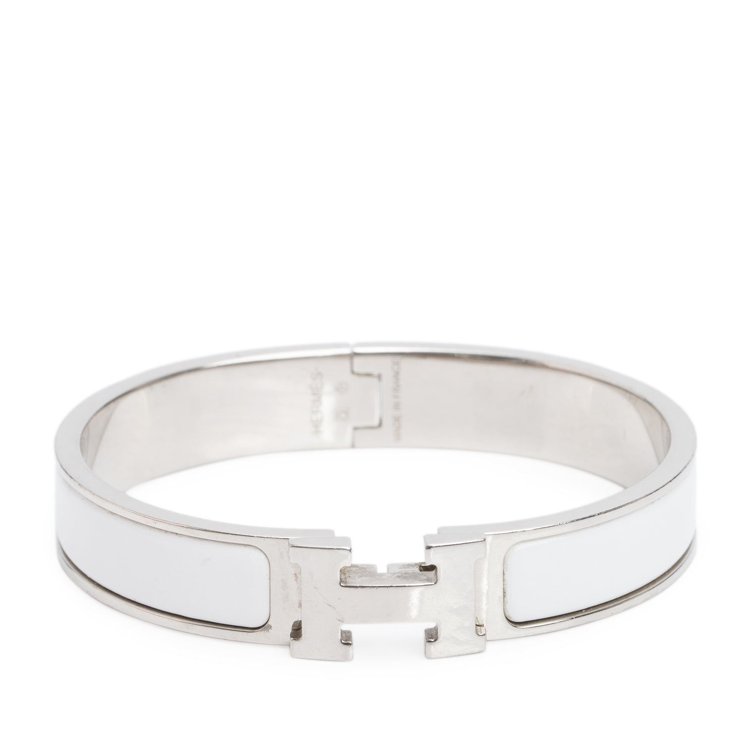 Hermes Palladium Plated White Enamel 12 MM Clic H Bracelet w/ Box