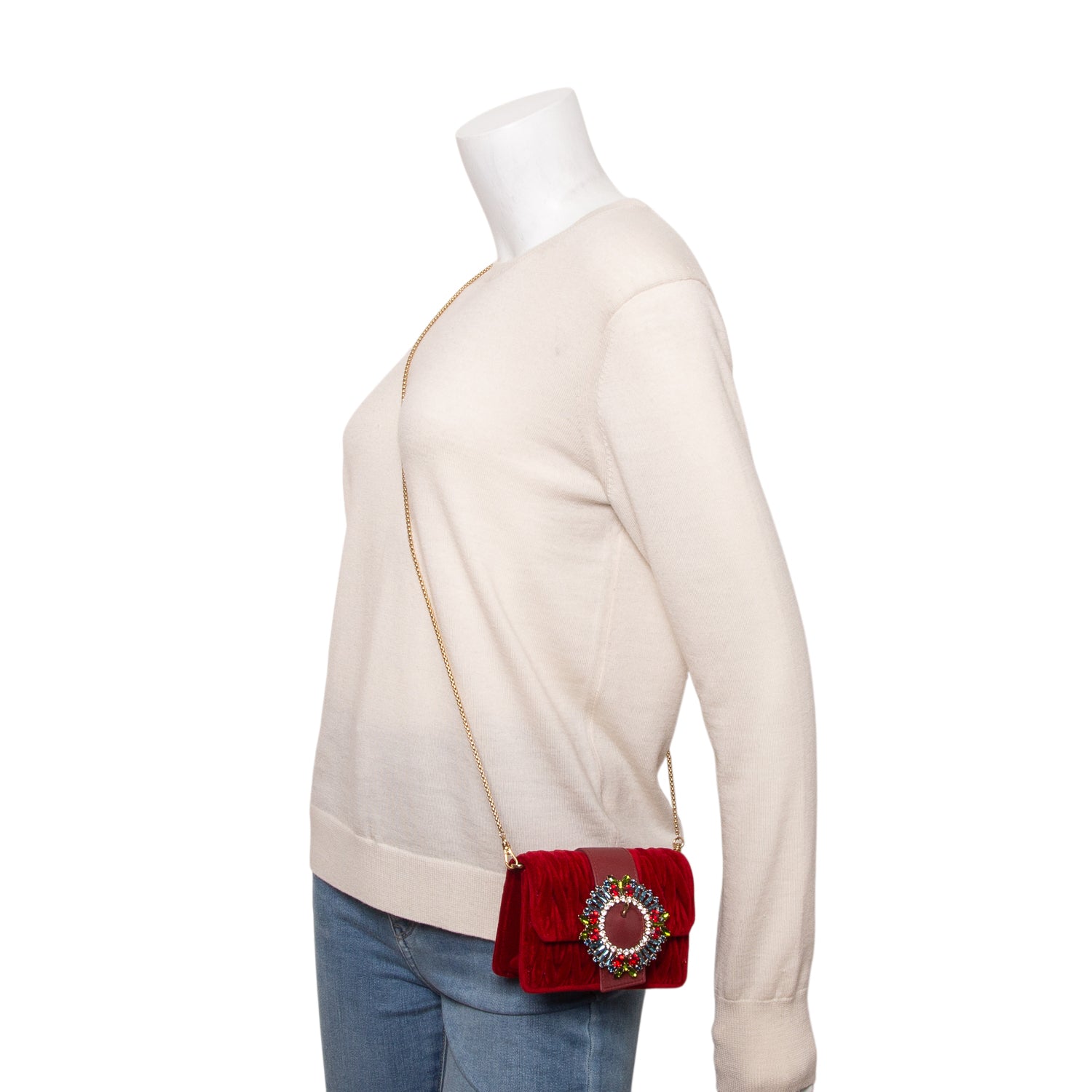 Miu Miu Red Velvet Matelasse Crystal Mini Crossbody Bag w/ Authenticity Card