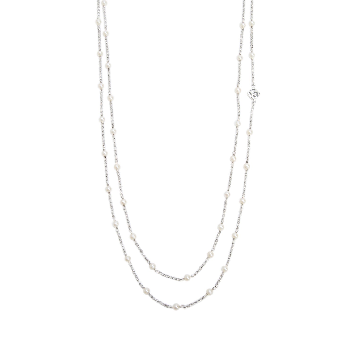 David Yurman Sterling Silver Pearl DY Logo Station Long Necklace