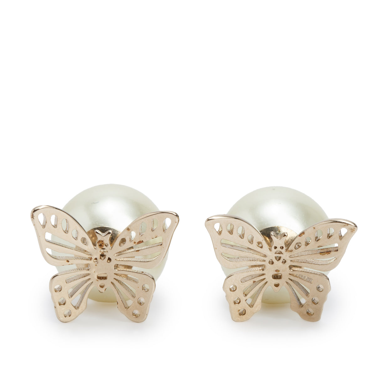 Christian Dior Gold Plated Faux Pearl Butterfly Tribales Earrings w/ Box