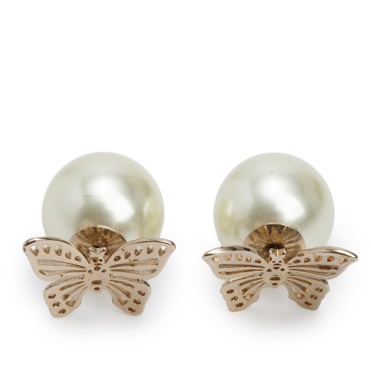 Christian Dior Gold Plated Faux Pearl Butterfly Tribales Earrings w/ Box