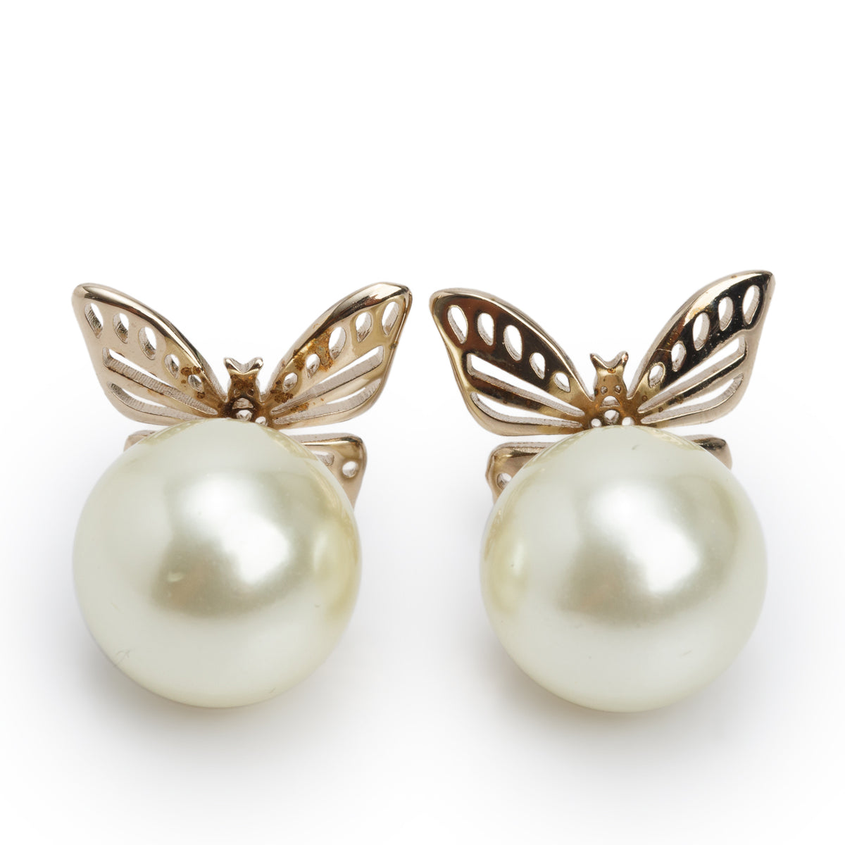 Christian Dior Gold Plated Faux Pearl Butterfly Tribales Earrings w/ Box