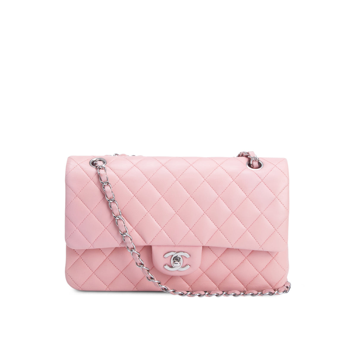 Chanel Pink Quilted Lambskin Leather Classic Medium Double Flap Bag w/ Authenticity Card