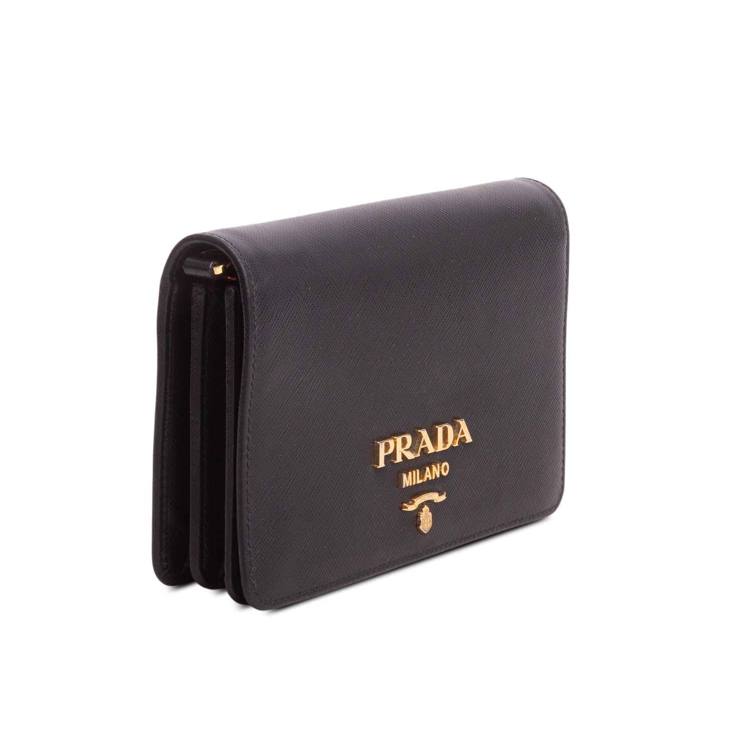 Prada Black Saffiano Lux Metal Logo Mini Flap Clutch w/ Box & Authenticity Card