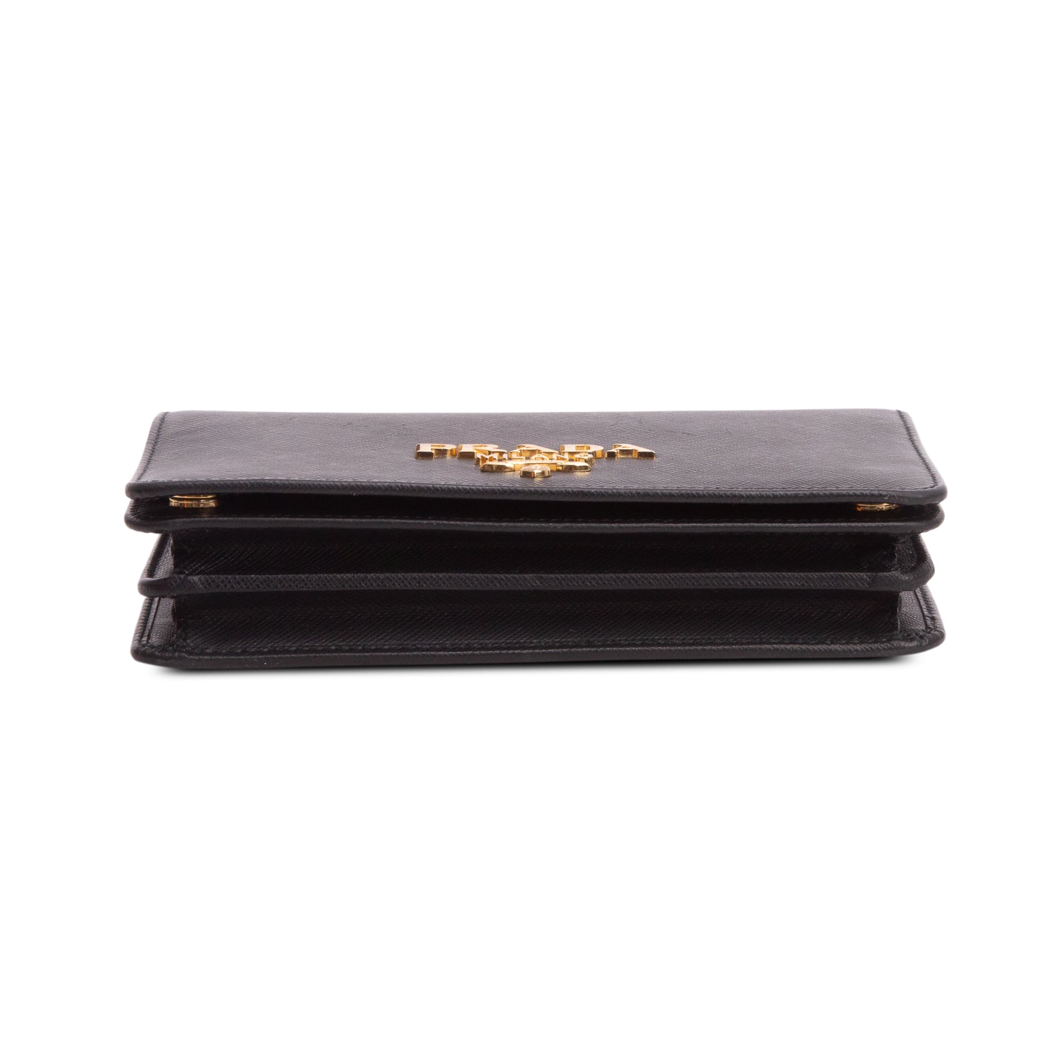 Prada Black Saffiano Lux Metal Logo Mini Flap Clutch w/ Box & Authenticity Card