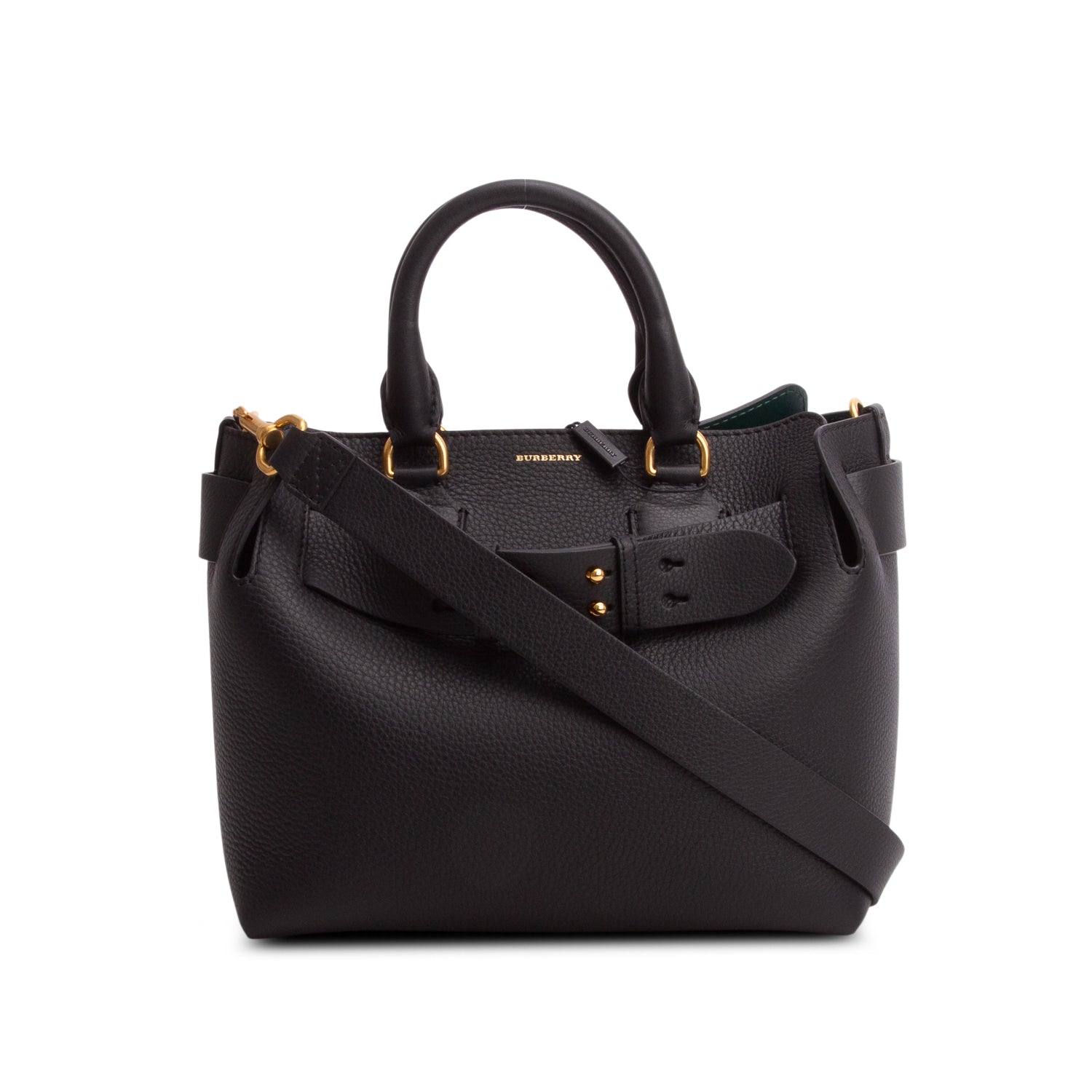 Burberry Black Grained Calfskin Leather Small Belt Tote Bag w/ Strap