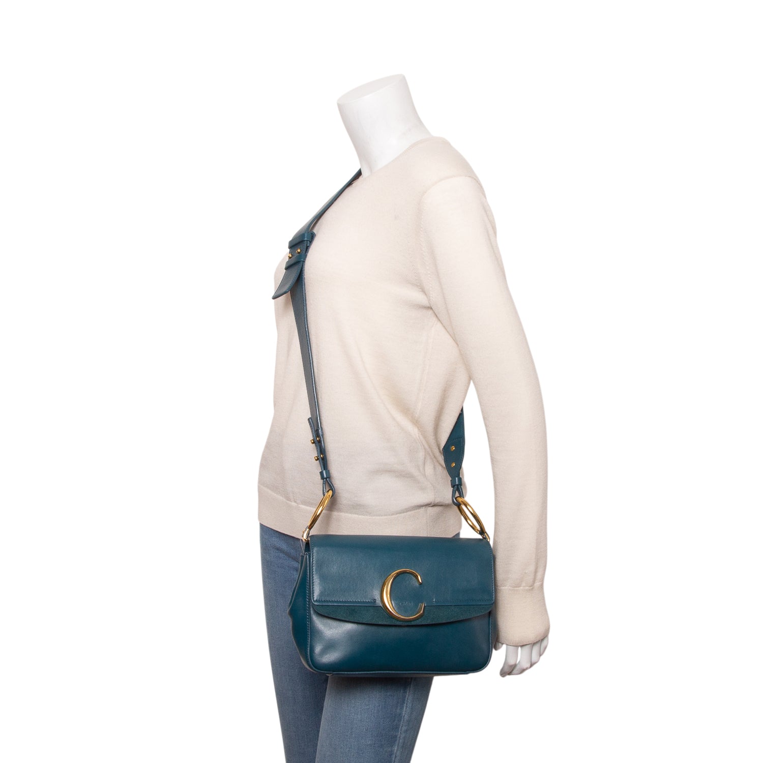 Chloe Blue Shiny Calfskin Suede Small C Double Carry Bag