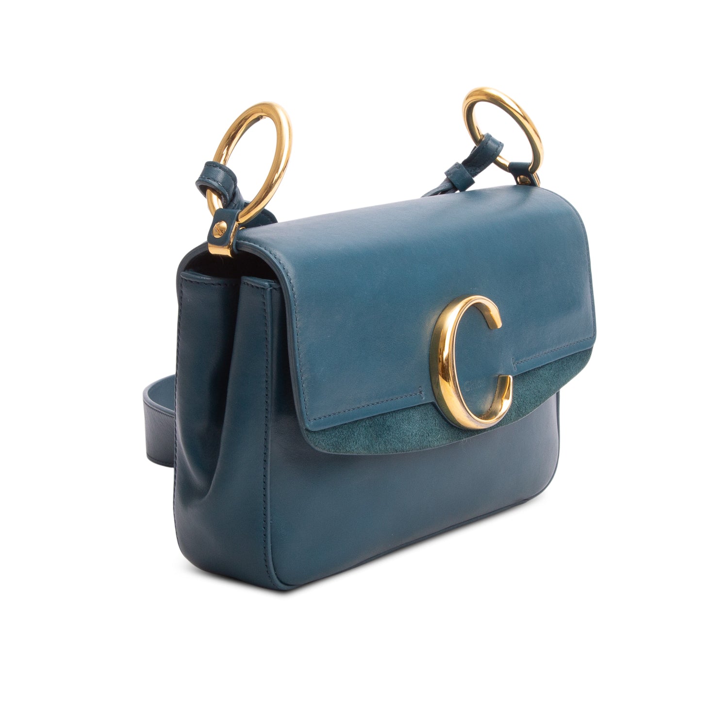 Chloe Blue Shiny Calfskin Suede Small C Double Carry Bag