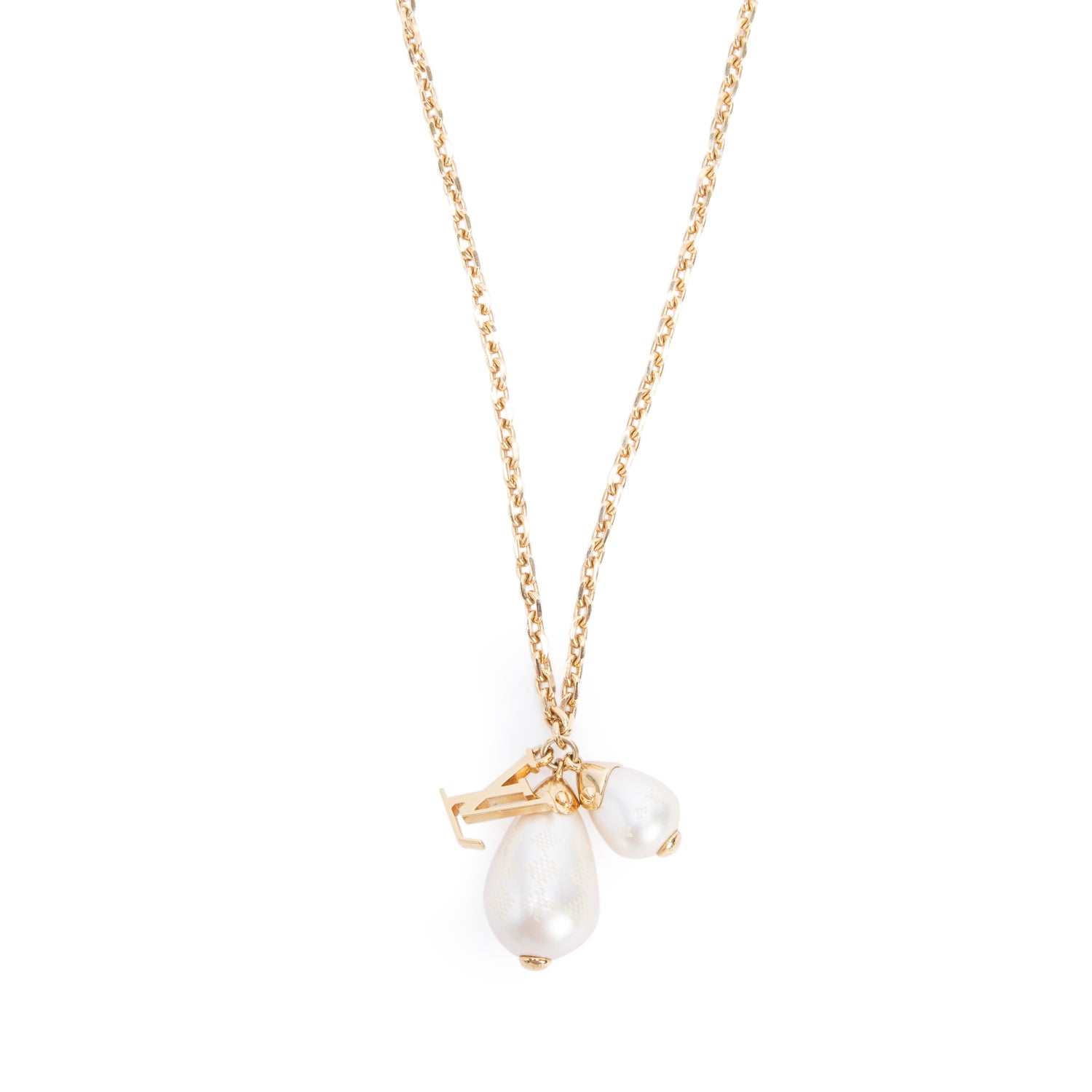 Louis Vuitton Gold-Plated Faux Pearl Monogram Damier Pendant Necklace